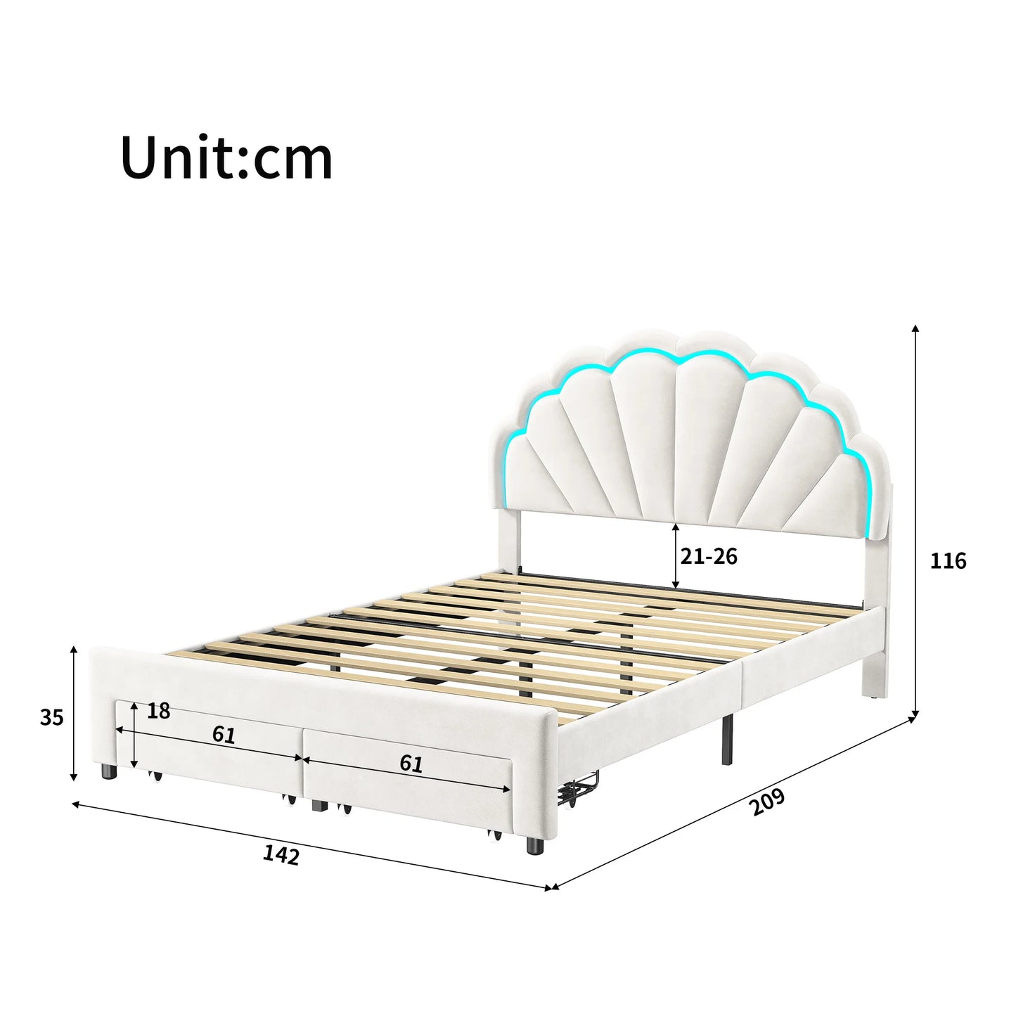 Rosahqnda Children bed with LED&drawers,girl's bed,Single bed Double bed 90-140*200 cm,velvet,White
