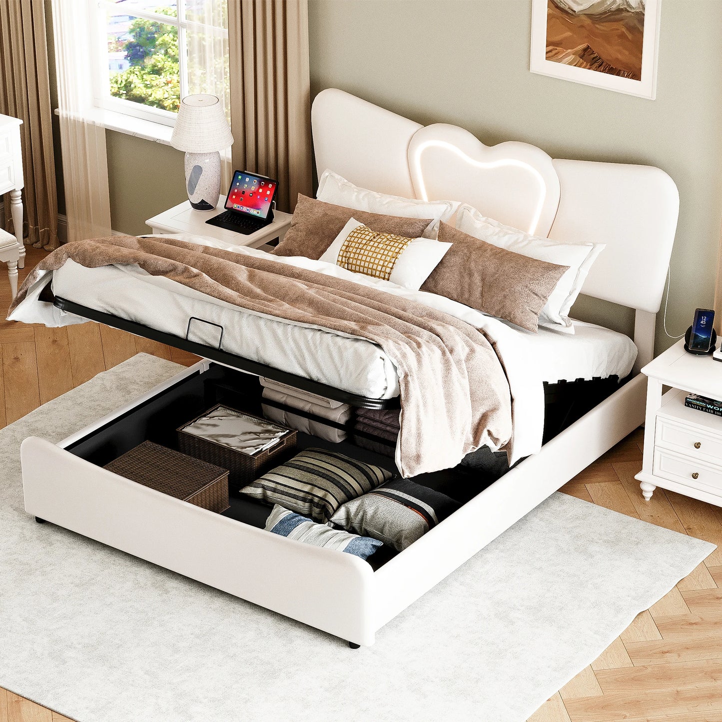 Rosahqnda Double Bed 140-160*200cm,Upholstered Storage Bed,hydraulic Functional bed with LED,youth bed,Adult Bed,velvet,Beige