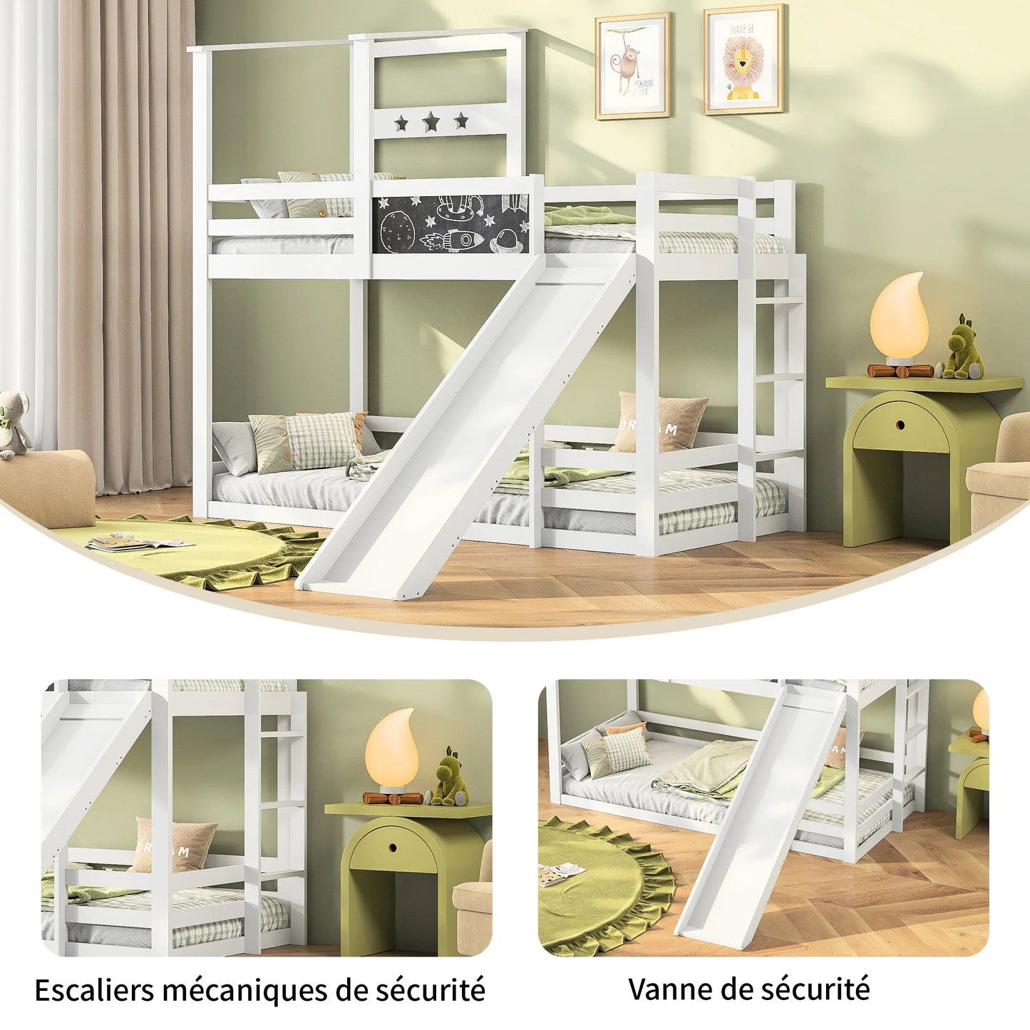 Rosahqnda bunk bed for 2 children, children bed with slide, ladder and blackboard, solid wood children's bed with anti-out protection