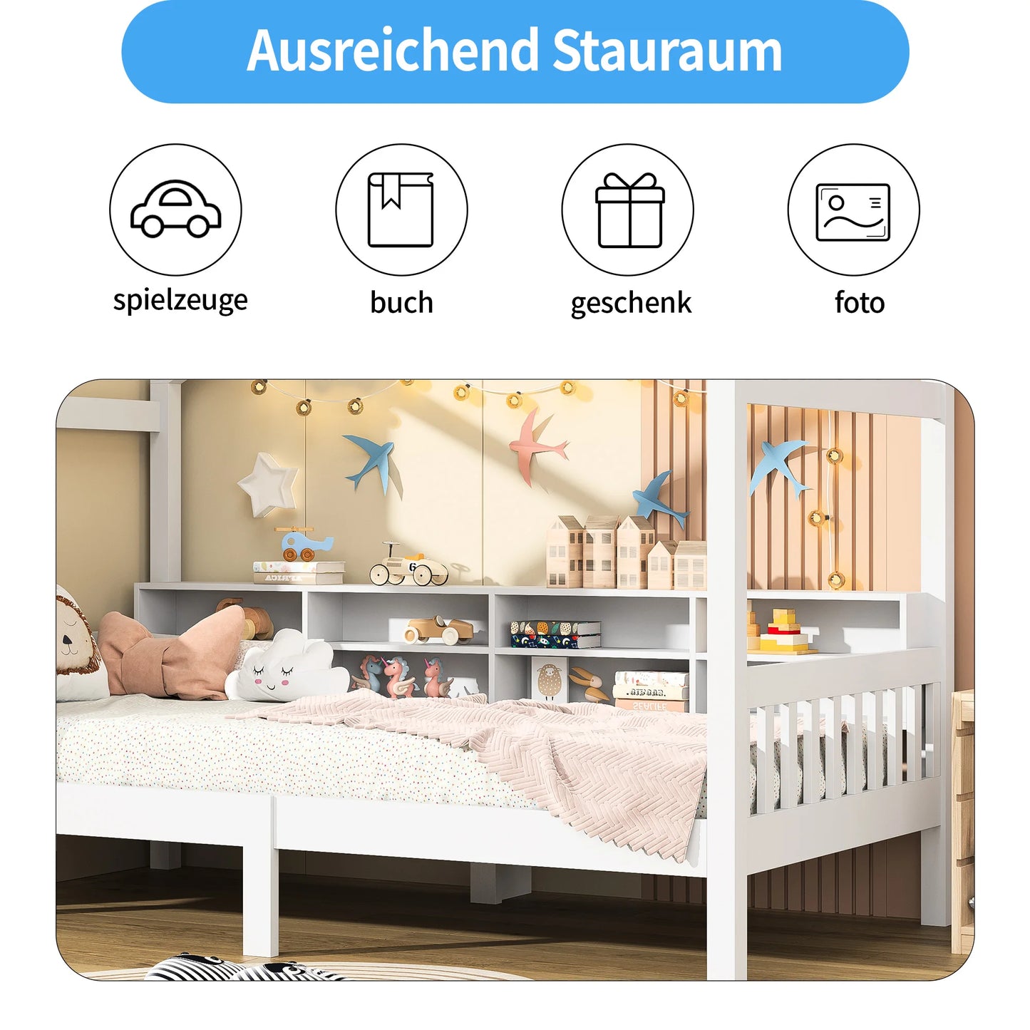 Children's house bed 90 x 200 cm, wooden bed with blackboard and Storage Space, solid wood with slatted frame,(without mattress)