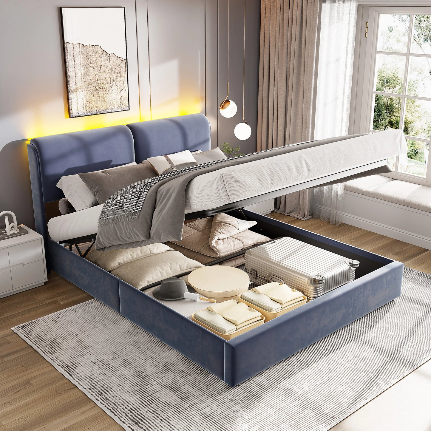 Comanlai Upholstered Bed,160 x 200cm,with Slatted Frame and Storage Space,LED Hydraulic Storage Bed,Without Mattress,Velvet,Grey