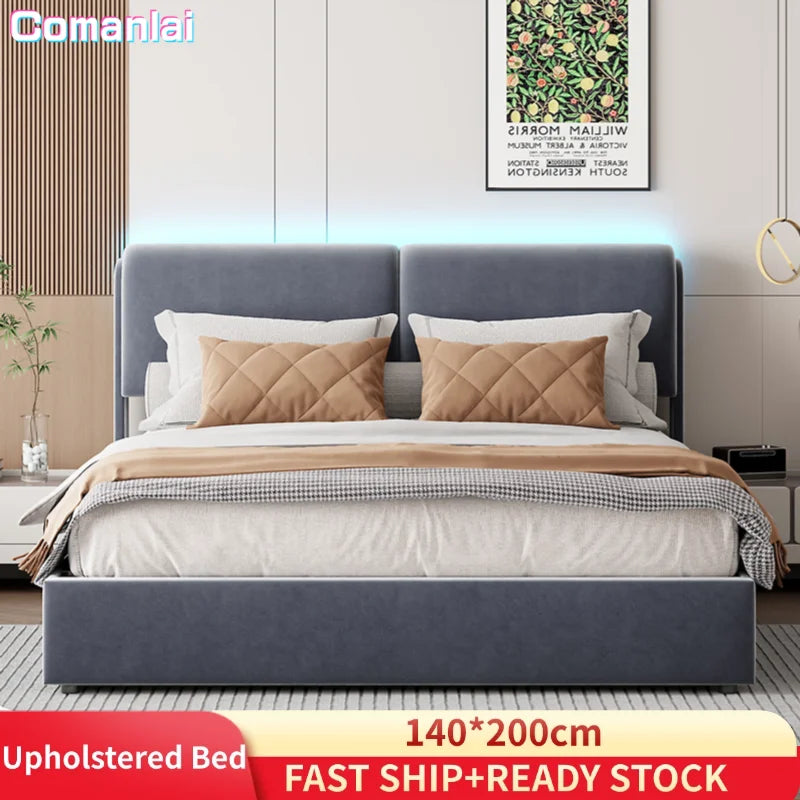 Comanlai 140x200cm Upholstered Bed,with RGB LED Lighting,with Slatted Frame and Soft Headboard,Storage Bed,Youth Bed,Velvet,Grey