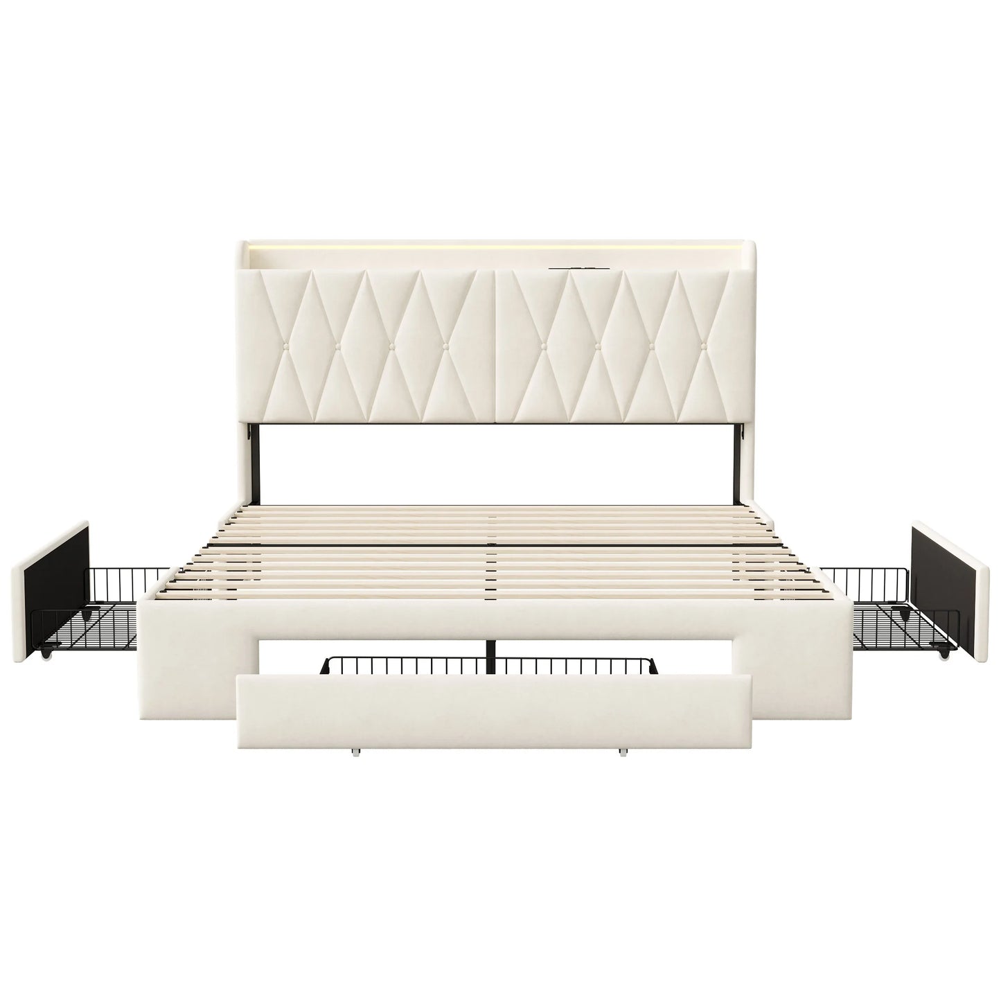 Rosahqnda Upholstered Double Bed with LED&USB&Drawers 140-160*200cm Storage youth Bed multifunctional headboard,velvet beige