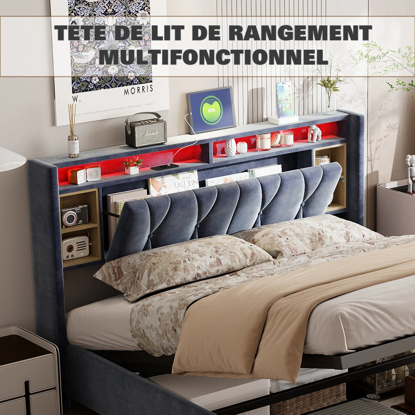 Upholstered bed air pressure bed with storage space headboard + USB light bar double bed storage headboard with gray velvet 140*200CM