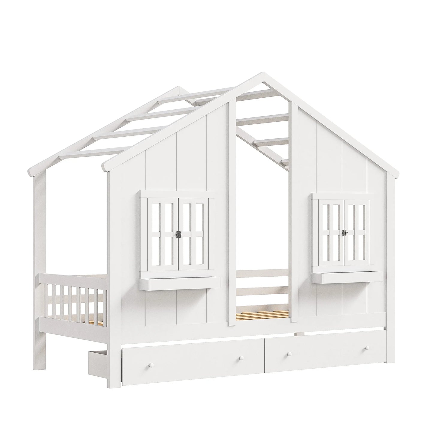 90 x 200 cm Children's Bed with 2 Drawers, Youth Bed, House Bed with Slatted Frame , for Boys and Girls, white