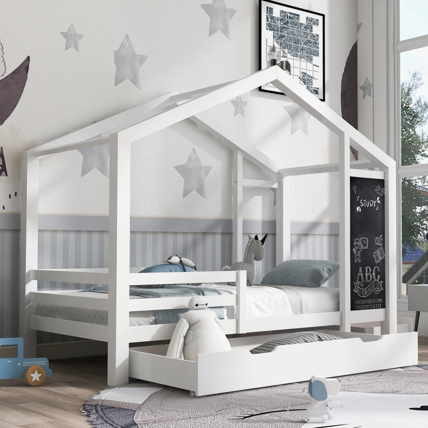 White Children's house bed 90x200 cm solid wood fence slatted frame belt blackboard and 2 drawers wooden bed (without mattress)