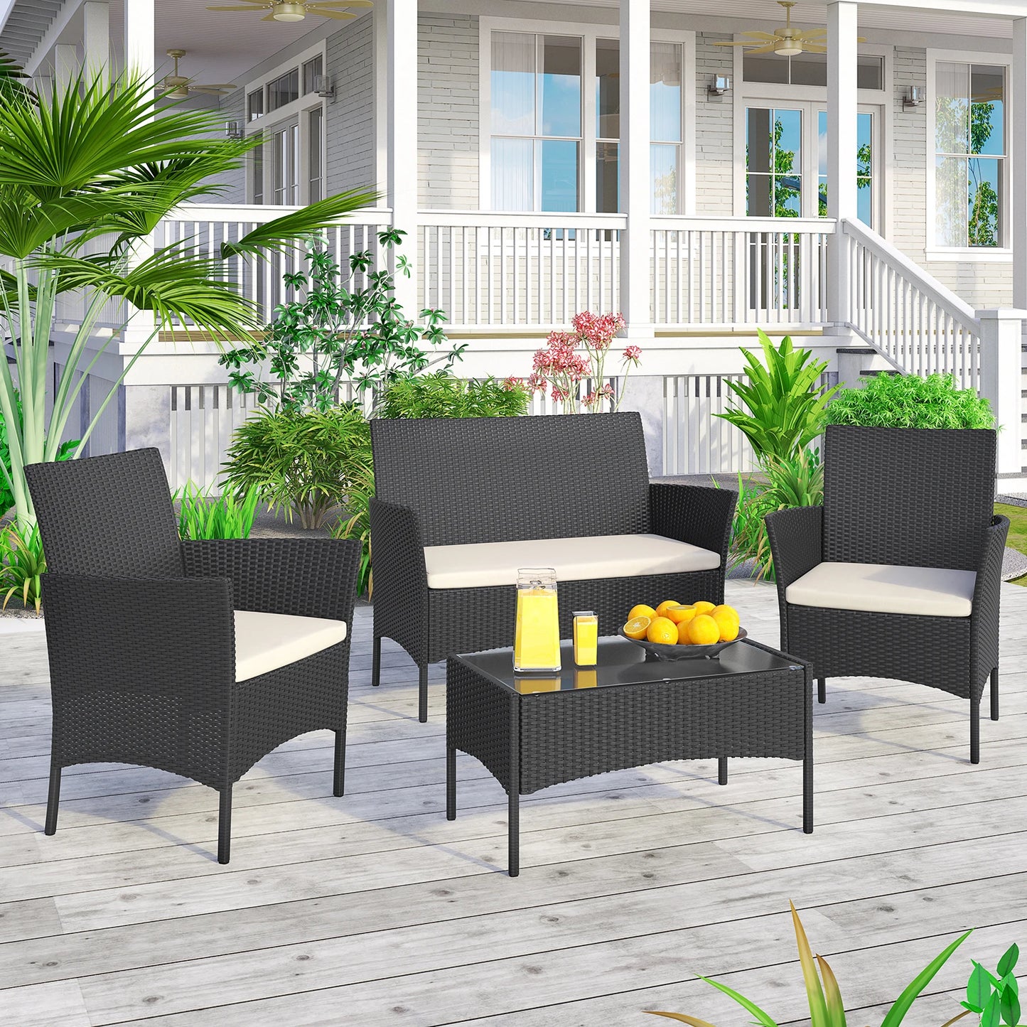 Bigzzia Outdoor furniture Set Home 4PCs Patio Rattan furniture sofa Weaving Wicker Corner Sofa Couch Patio Furnitures Garden