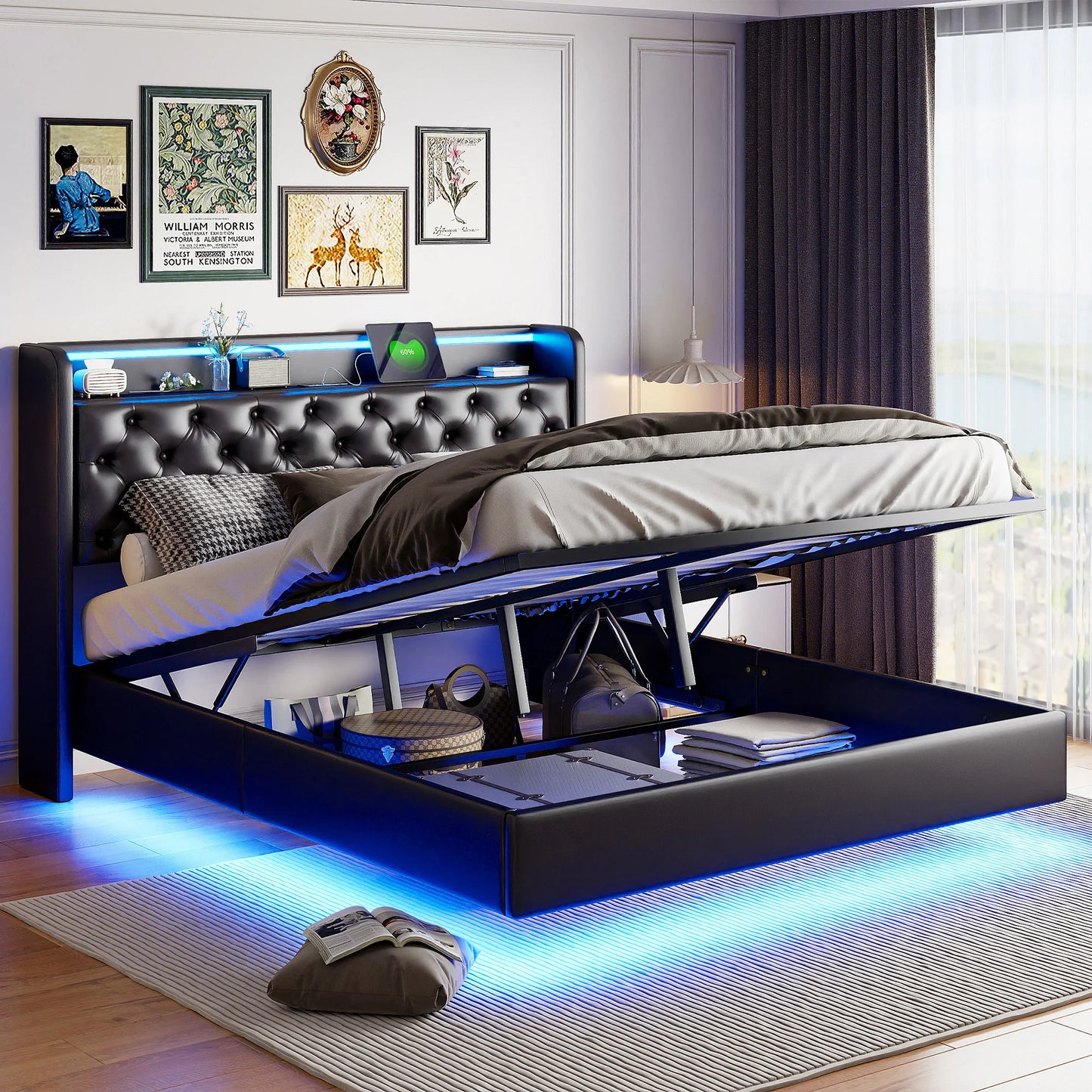 Comanlai Upholstered Bed,Double Bed,160 x 200 cm,Storage Bed with LED Headboard,with Storage Space and USB Connection,PU,Black