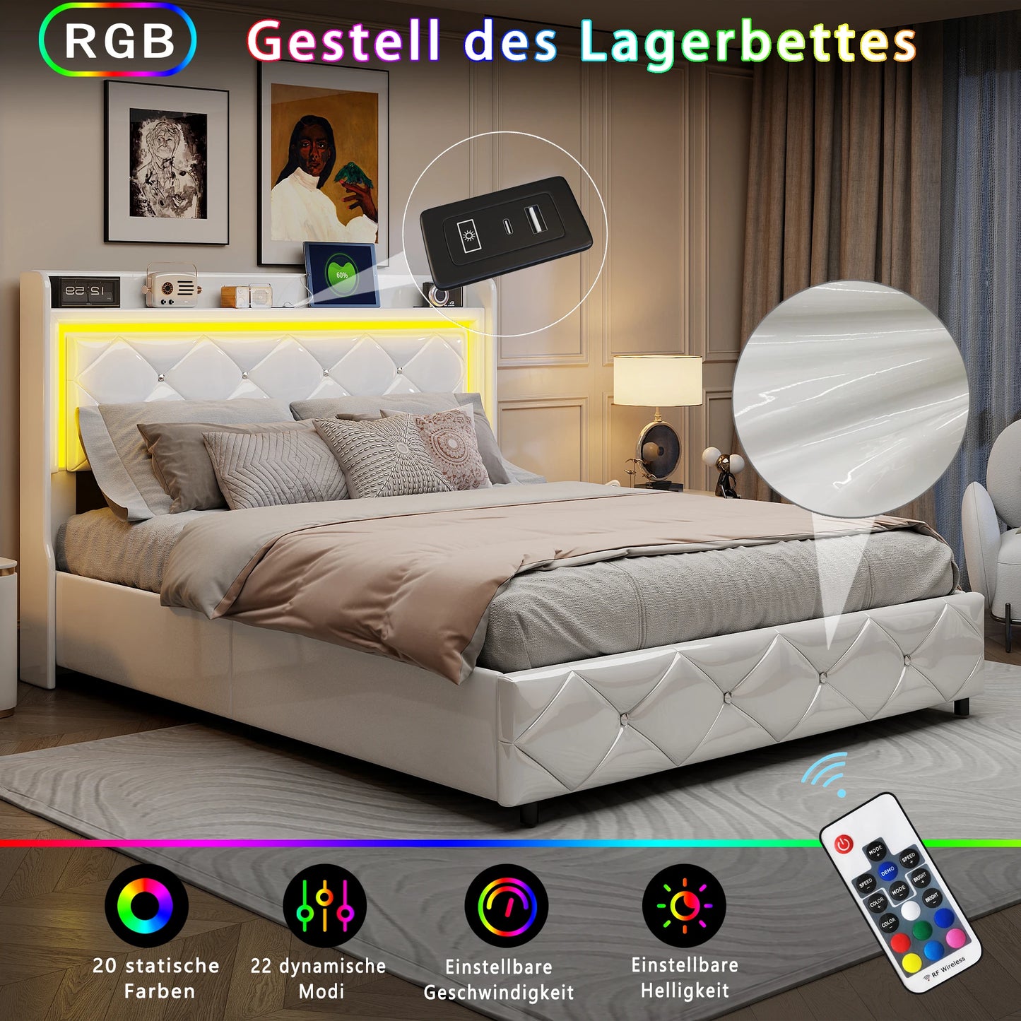 140x200cm PU upholstery bed, White single and double bed with slatted frame, wood headboard with decorative buttons and rivet RGB LED