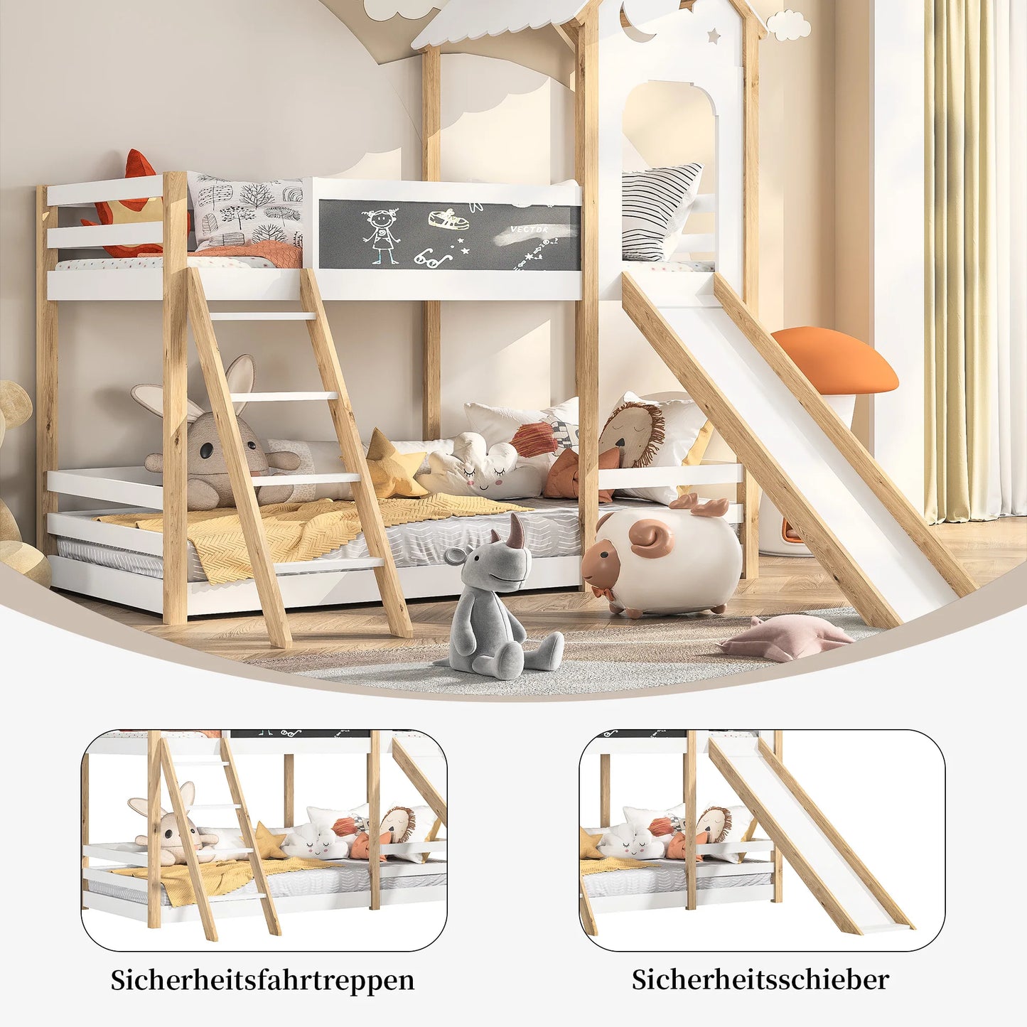 Rosahqnda 2 Children Bunk Beds 90x200 cm with crash protection and slatted frame, children's playground for boys and girls,