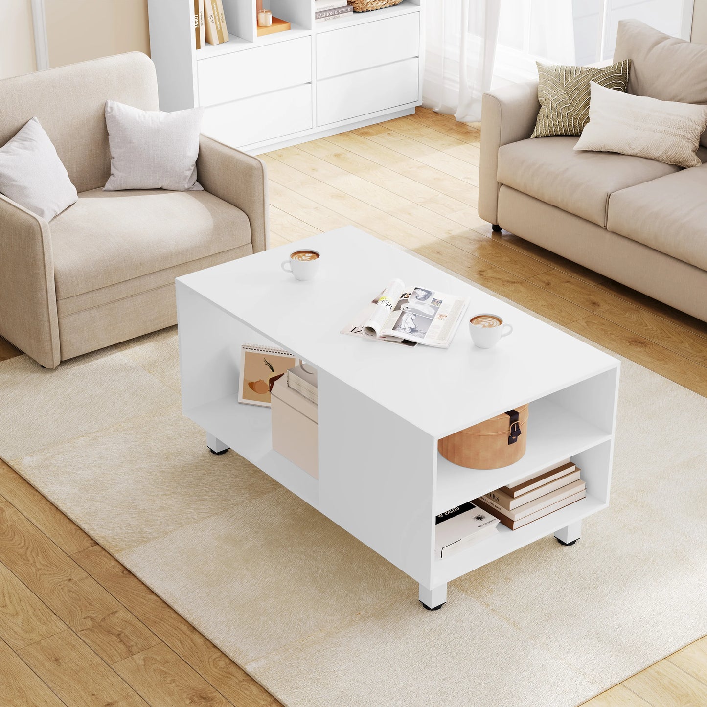 WOLTU White Coffee Table with Storage Living Room Table Side Table with Shelf 2 Side Compartments for Sofa Couch Home Decor