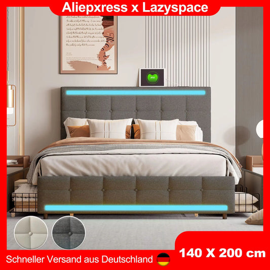 Lazyspace Hemp Upholstered Bed 140x200cm, Single Double Bed Frame with RGB Lights Headboard, USB Port and 4 Storage Drawers