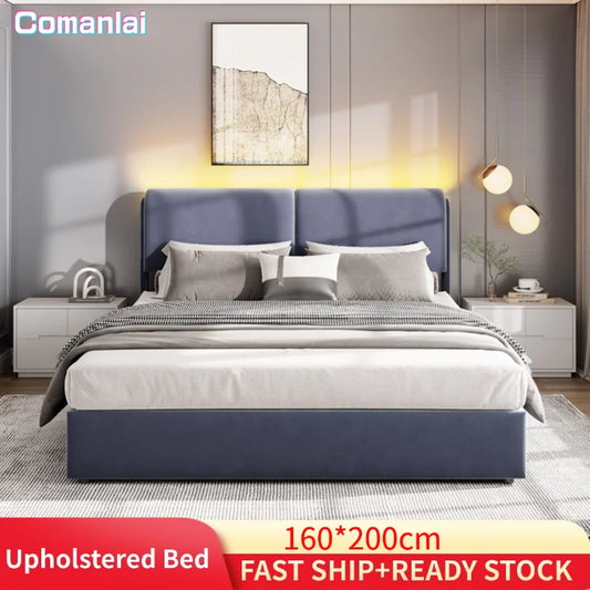 Comanlai Upholstered Bed,160 x 200cm,with Slatted Frame and Storage Space,LED Hydraulic Storage Bed,Without Mattress,Velvet,Grey
