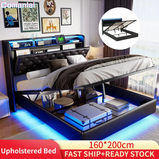 Comanlai Upholstered Bed,Double Bed,160 x 200 cm,Storage Bed with LED Headboard,with Storage Space and USB Connection,PU,Black