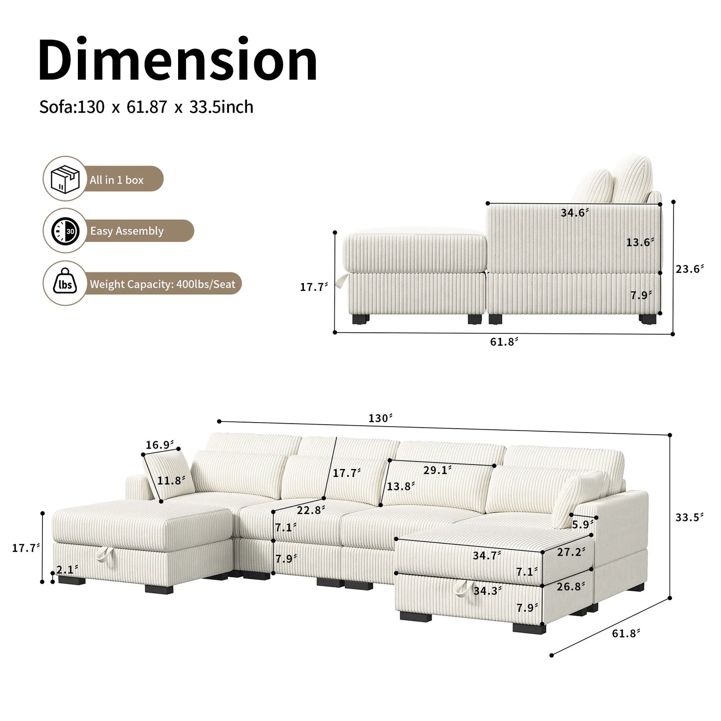 Rosahqnda Convertible Sectional Sofa,Freestanding double single Sofa,footrest with Storage ,Upholstery Set,Corduroy,Beige/Gray