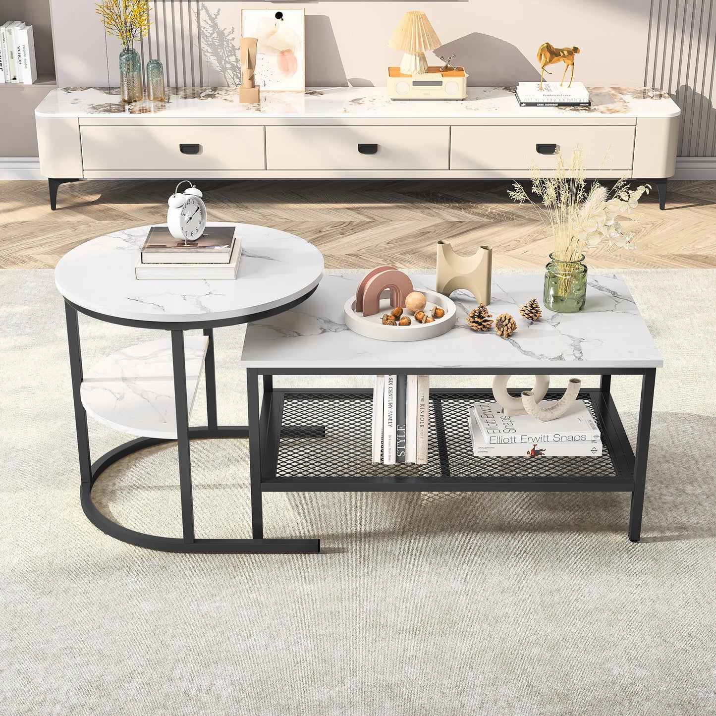 2-in-1 Coffee Table, Side Table with Metal Frame, Round and Rectangular Coffee Table for Living Room and Bedroom, Black