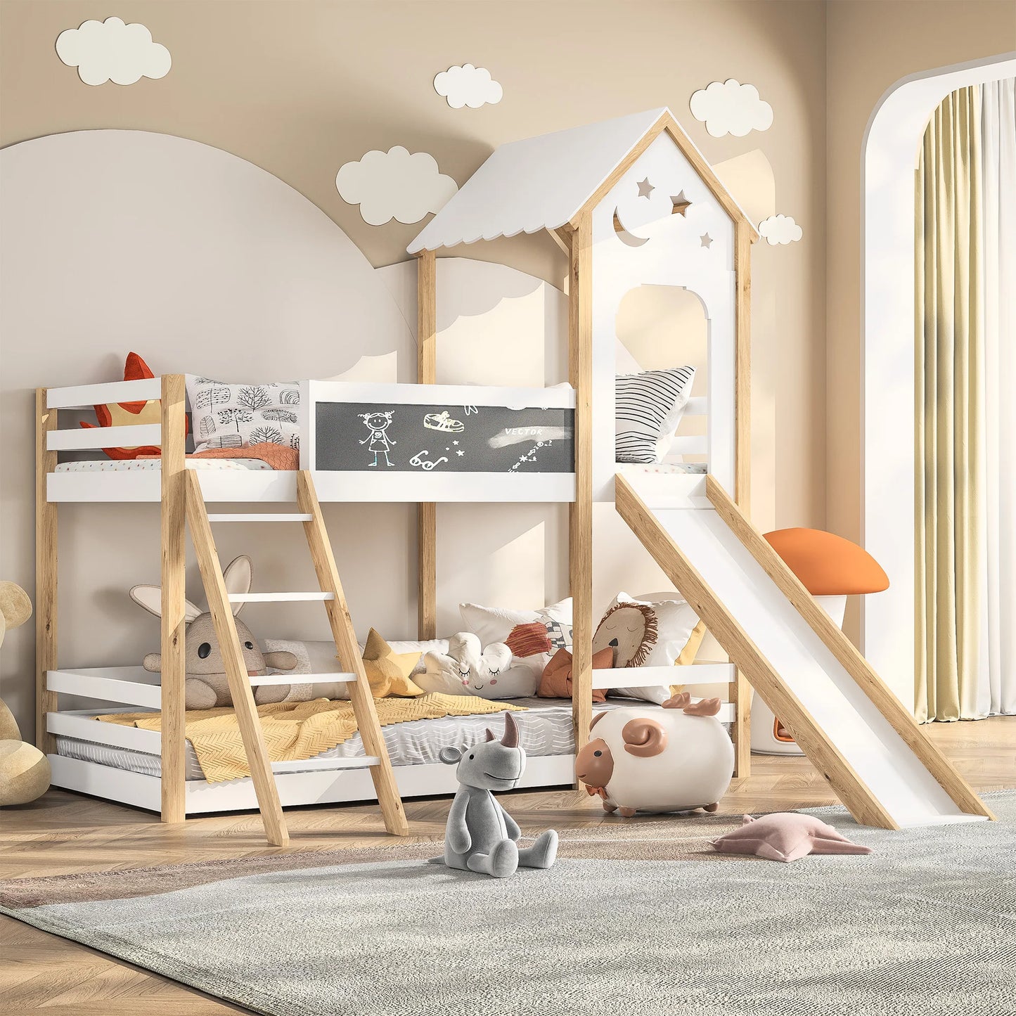 Rosahqnda 2 Children Bunk Beds 90x200 cm with crash protection and slatted frame, children's playground for boys and girls,