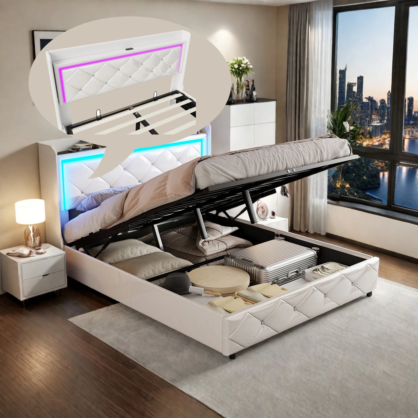 140x200cm PU upholstery bed, White single and double bed with slatted frame, wood headboard with decorative buttons and rivet RGB LED