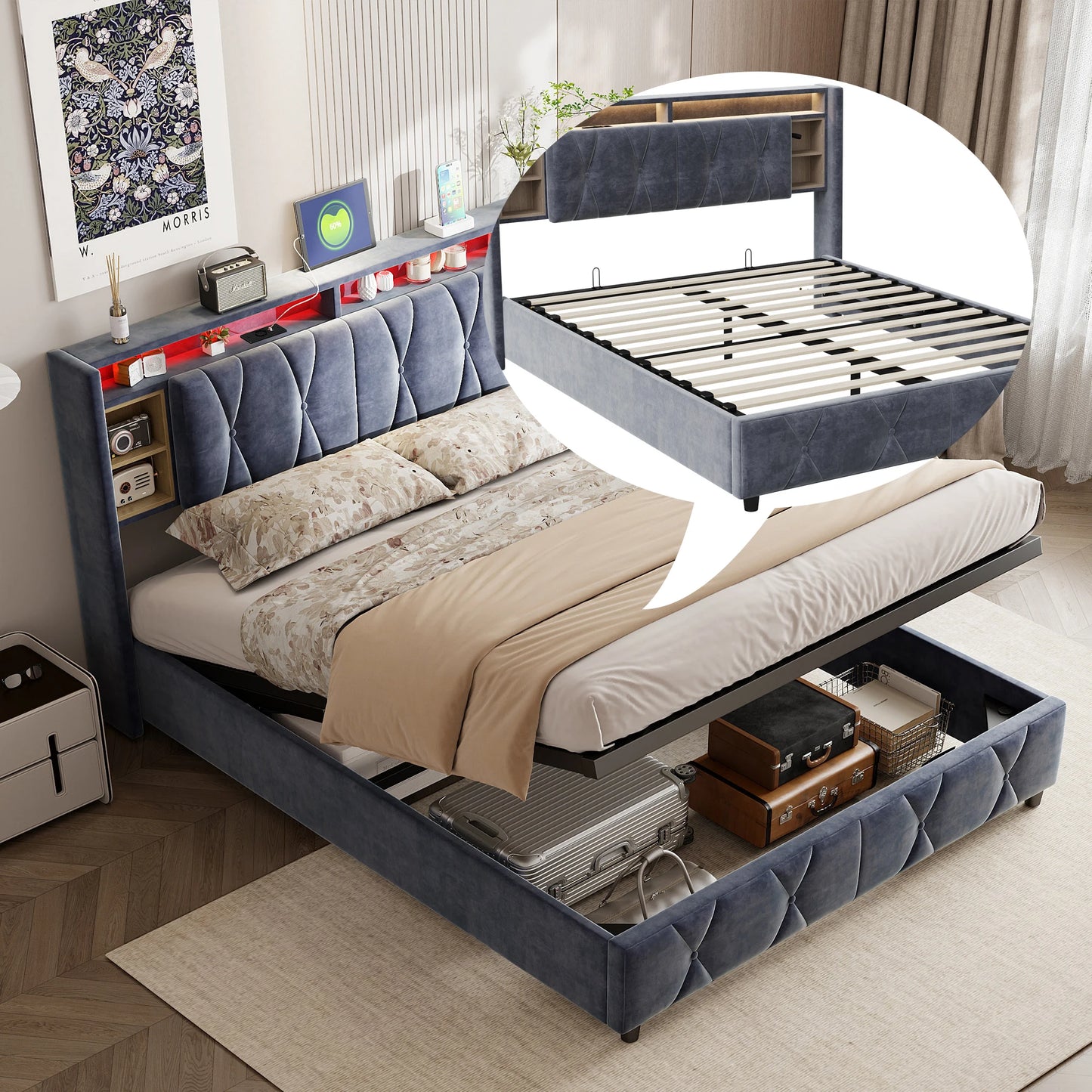 Upholstered bed air pressure bed with storage space headboard + USB light bar double bed storage headboard with gray velvet 140*200CM