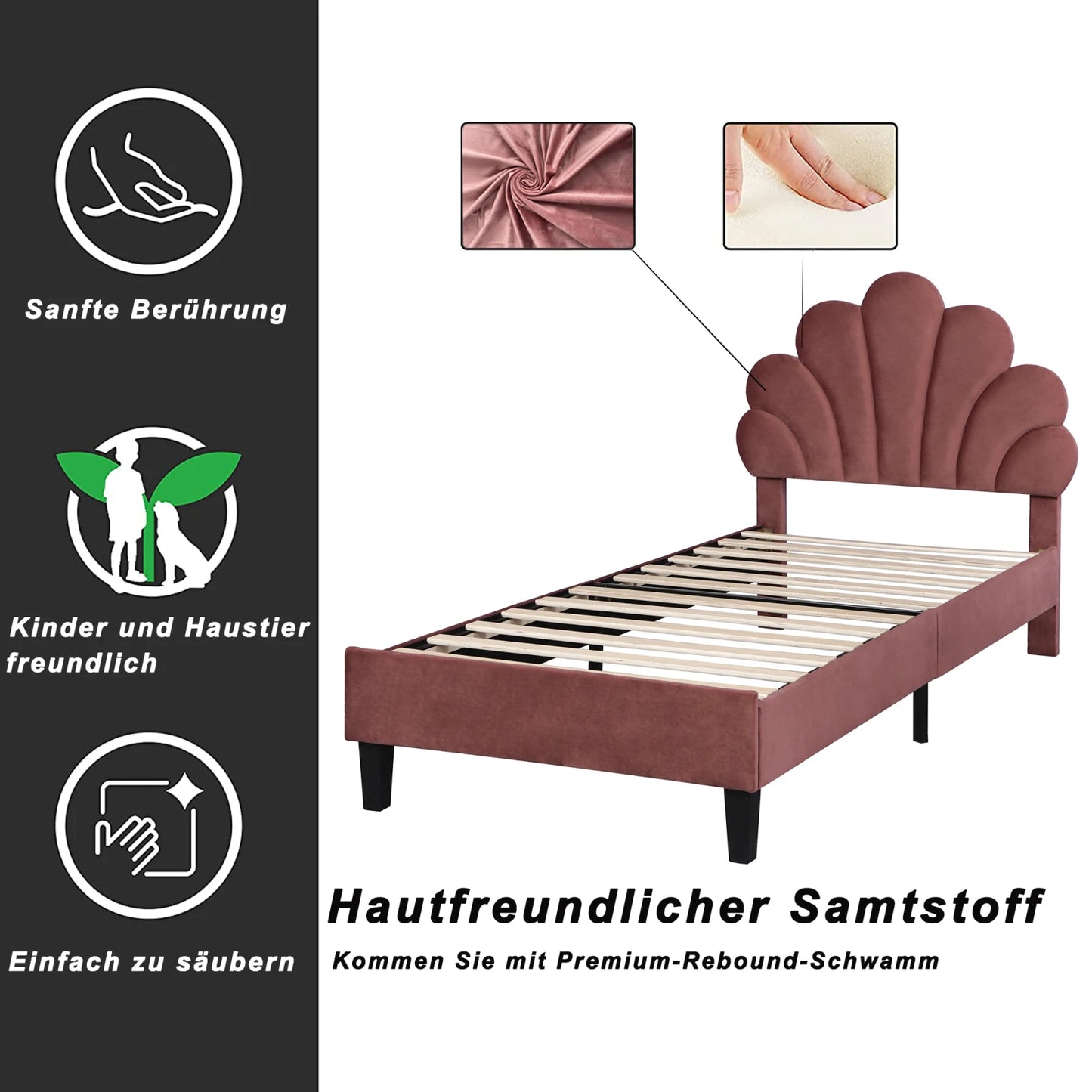 Rosahqnda Children bed Single bed Upholstery bed 90x200cm Floral Headboard and Slatted Slatt Fabric girls bed Without Mattress