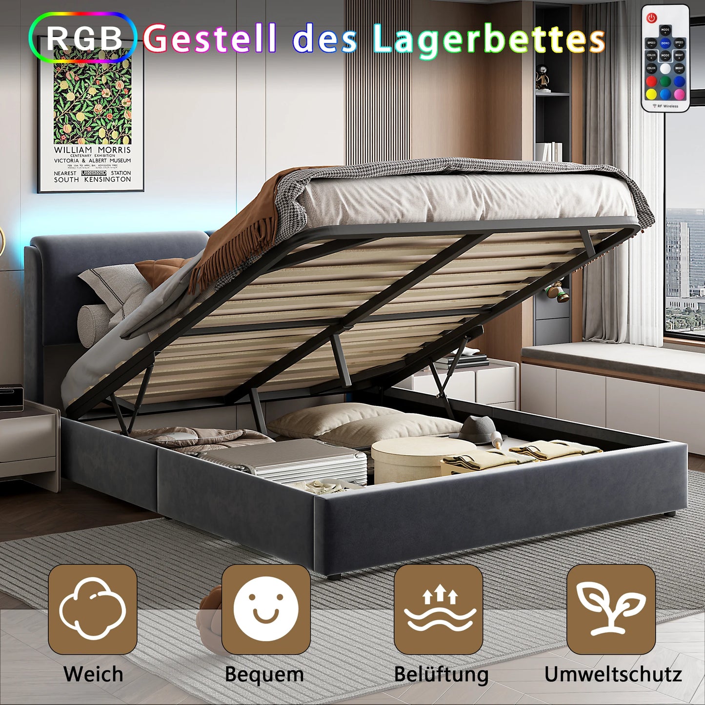 Comanlai Upholstered Bed,160 x 200cm,with Slatted Frame and Storage Space,LED Hydraulic Storage Bed,Without Mattress,Velvet,Grey