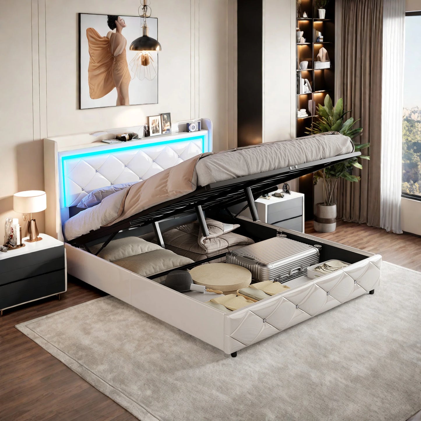 140x200cm PU upholstery bed, White single and double bed with slatted frame, wood headboard with decorative buttons and rivet RGB LED