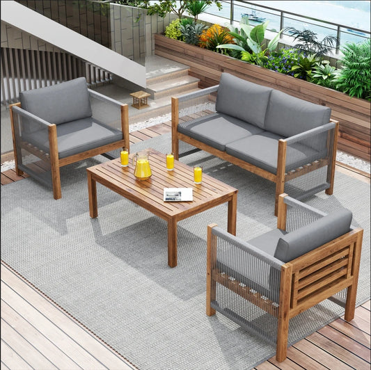 Merax Louneset garden furniture with Cushion Double Sofa 2 armchair table Outdoor table in Acacia Rattan Look Outdoor