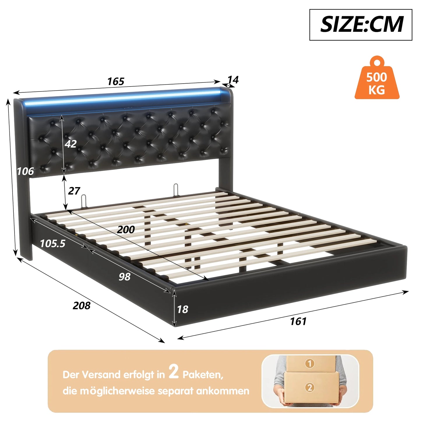 Comanlai Upholstered Bed,Double Bed,160 x 200 cm,Storage Bed with LED Headboard,with Storage Space and USB Connection,PU,Black