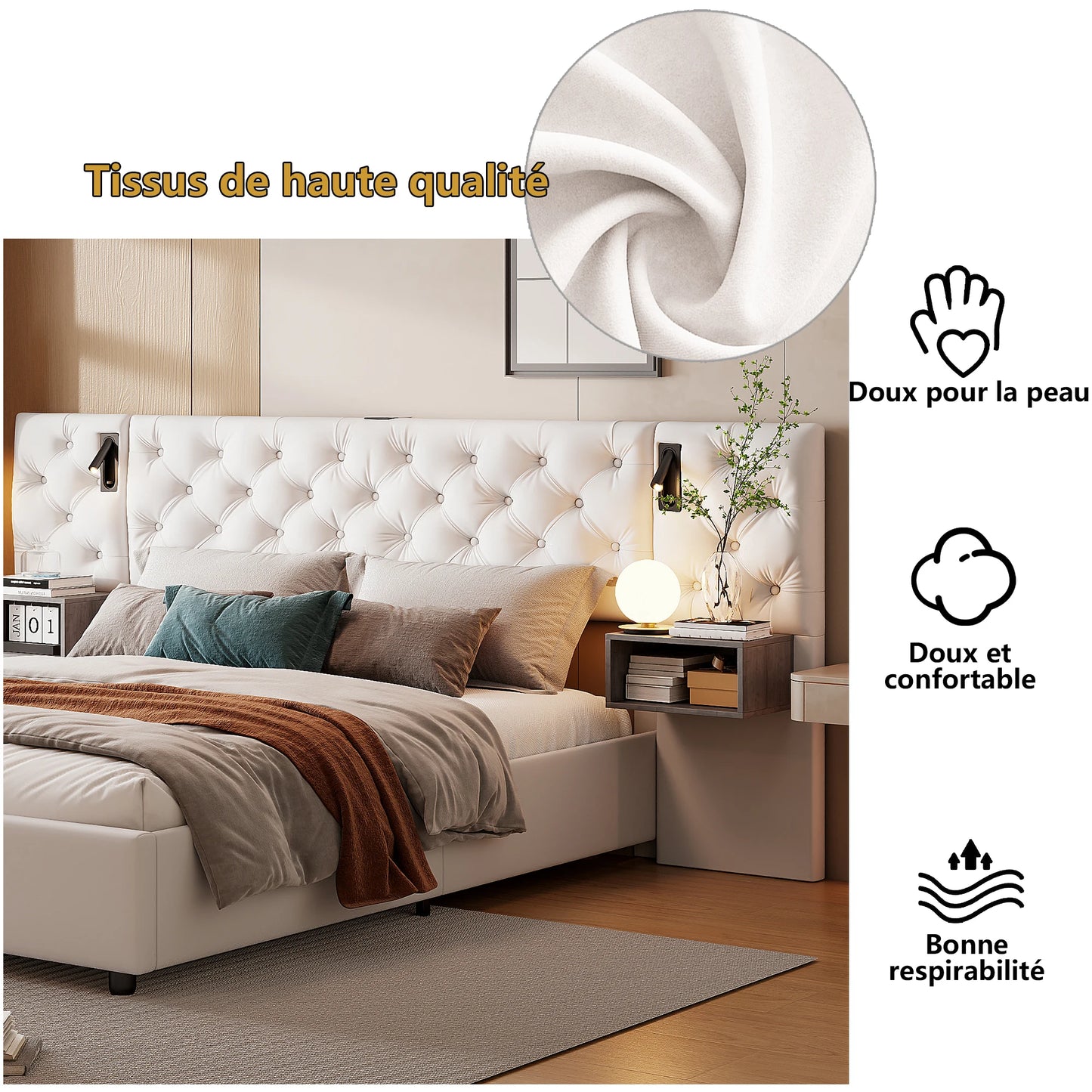 Anajqaqia Upholstered Bed 140x200cm,with Extra Wide Headboard & Reading Light & USB,Double Bed with Bedside Table,Hydraulic Bed