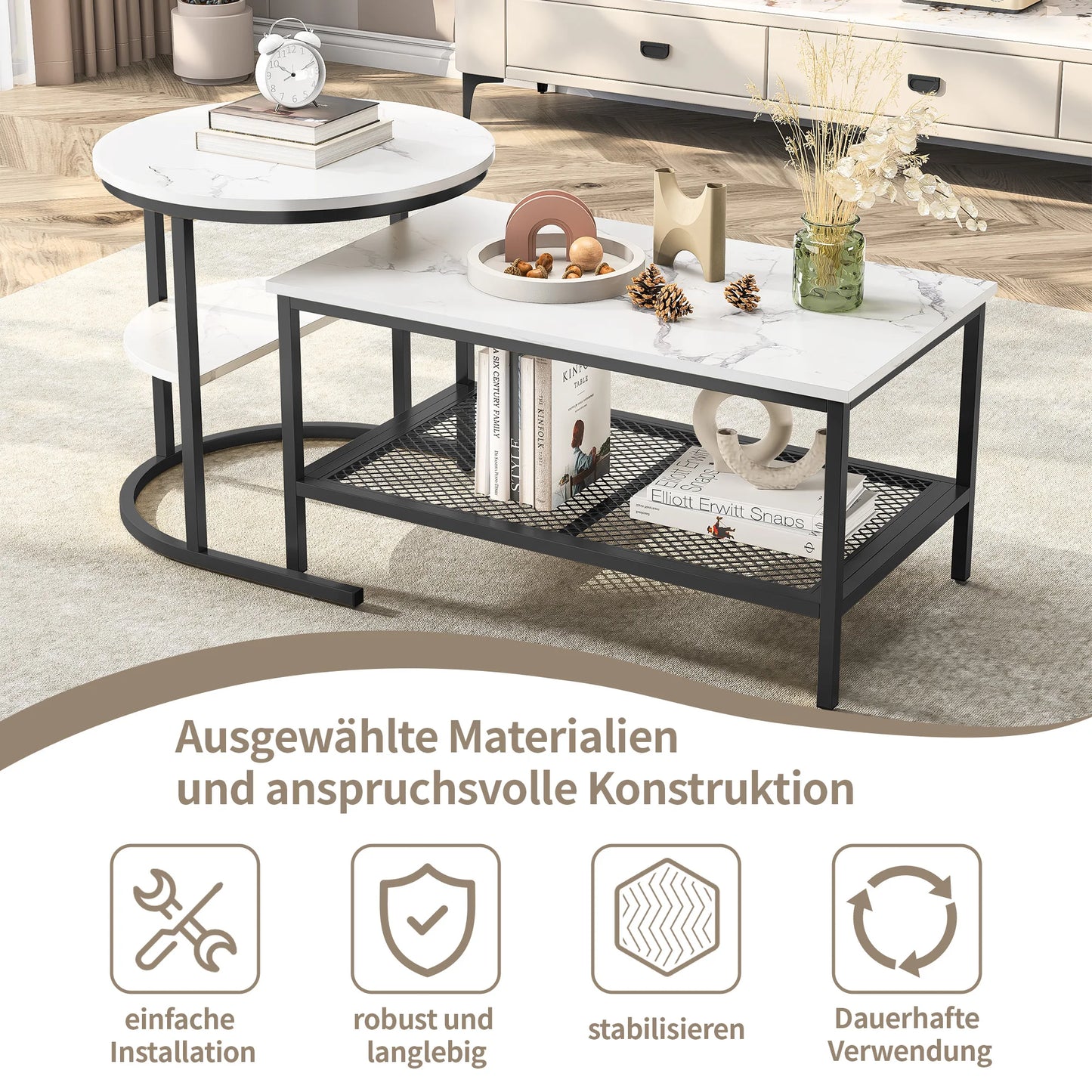2-in-1 Coffee Table, Side Table with Metal Frame, Round and Rectangular Coffee Table for Living Room and Bedroom, Black