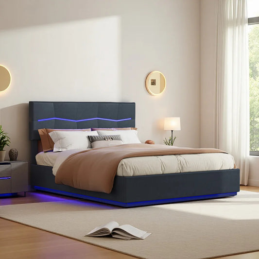 Lazyspace 140x200cm Black Upholstered Bed,PU Double Bed with Storage Space,LED Lighting and USB Charging Port,Without Mattress