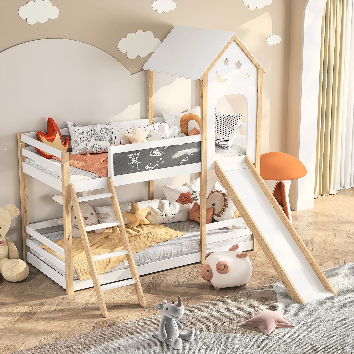 Rosahqnda 2 Children Bunk Beds 90x200 cm with crash protection and slatted frame, children's playground for boys and girls,