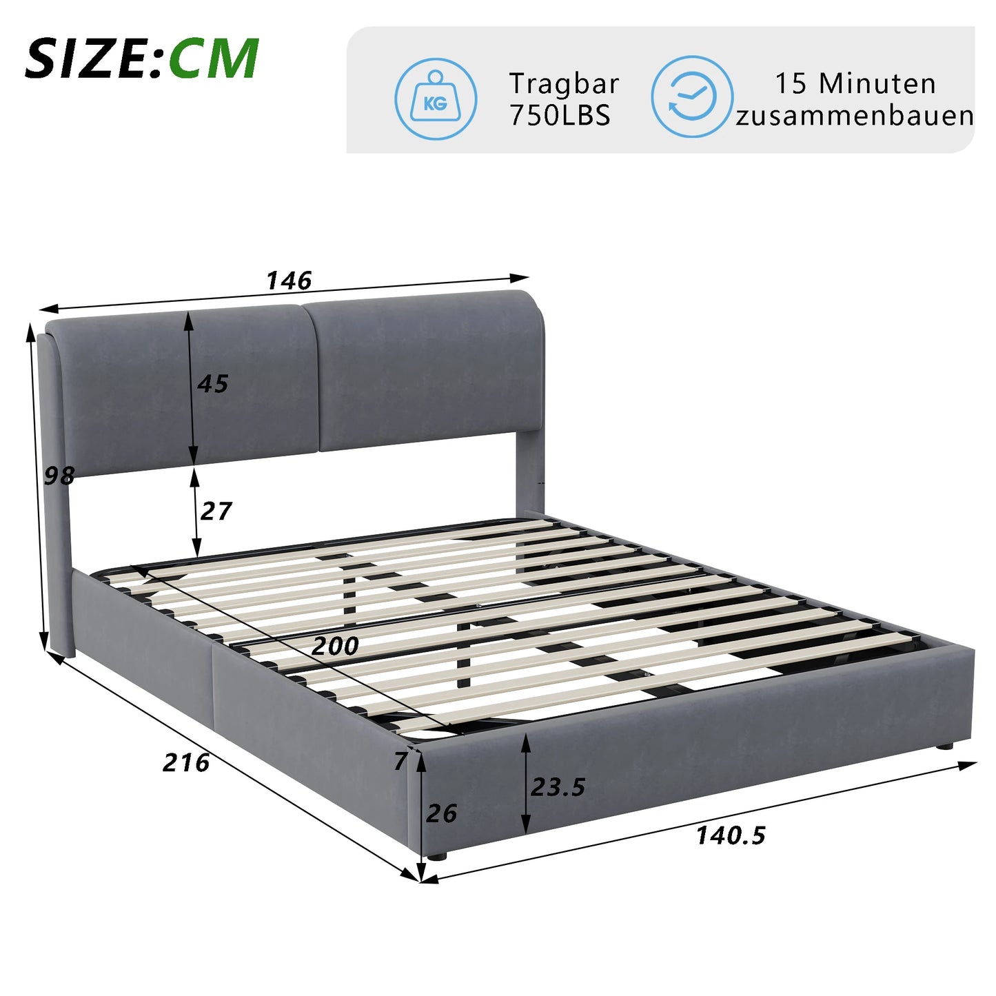 Comanlai 140x200cm Upholstered Bed,with RGB LED Lighting,with Slatted Frame and Soft Headboard,Storage Bed,Youth Bed,Velvet,Grey