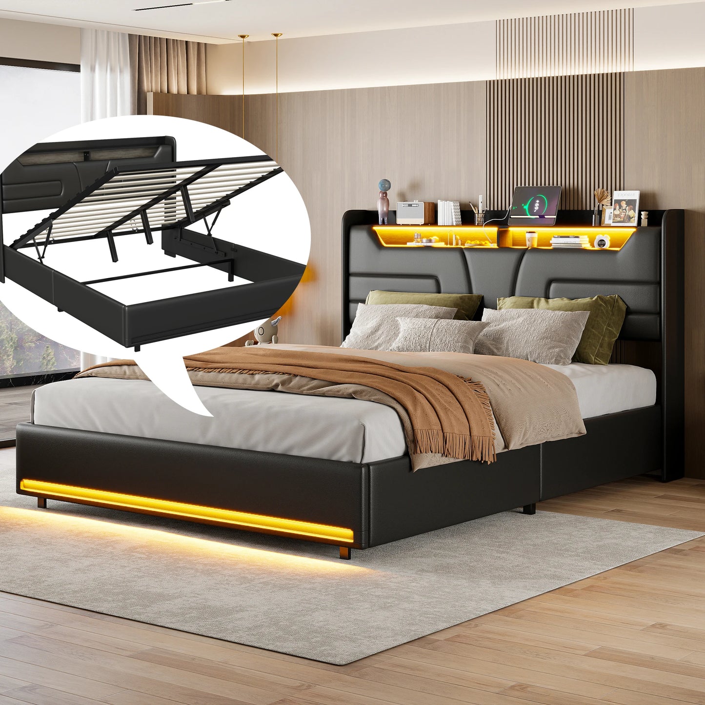 Wooden Aura 140 × 200 cm Upholstered bed hydraulic double bed with charging USB and LED LED strip with storage space under bed