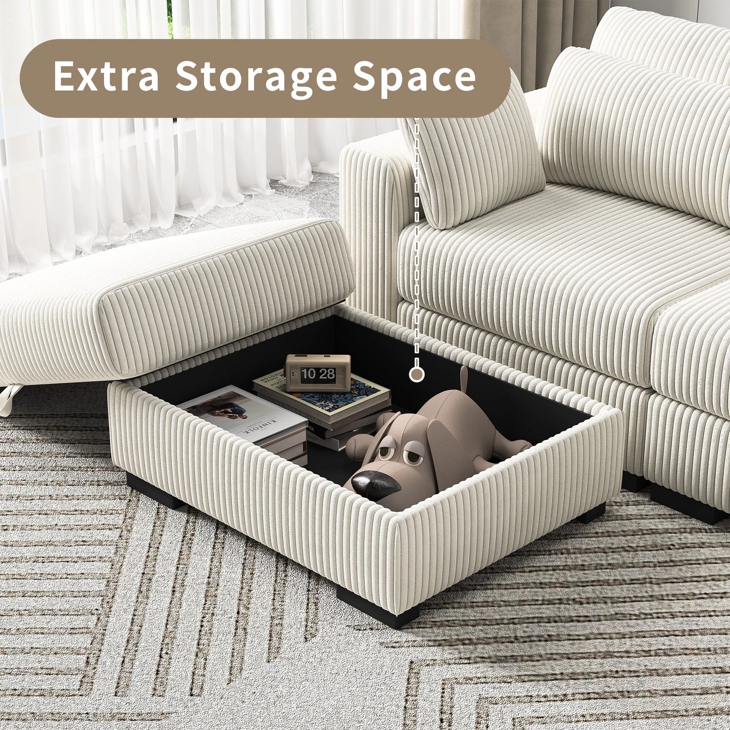 Rosahqnda Convertible Sectional Sofa,Freestanding double single Sofa,footrest with Storage ,Upholstery Set,Corduroy,Beige/Gray