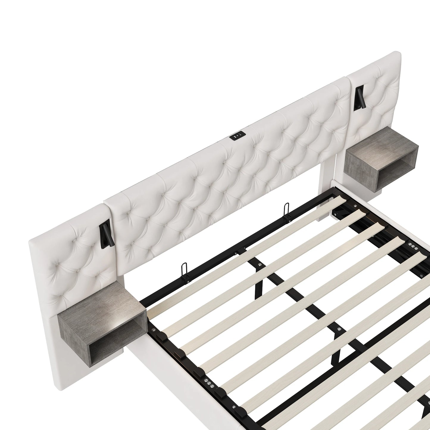 Anajqaqia Upholstered Bed 140x200cm,with Extra Wide Headboard & Reading Light & USB,Double Bed with Bedside Table,Hydraulic Bed