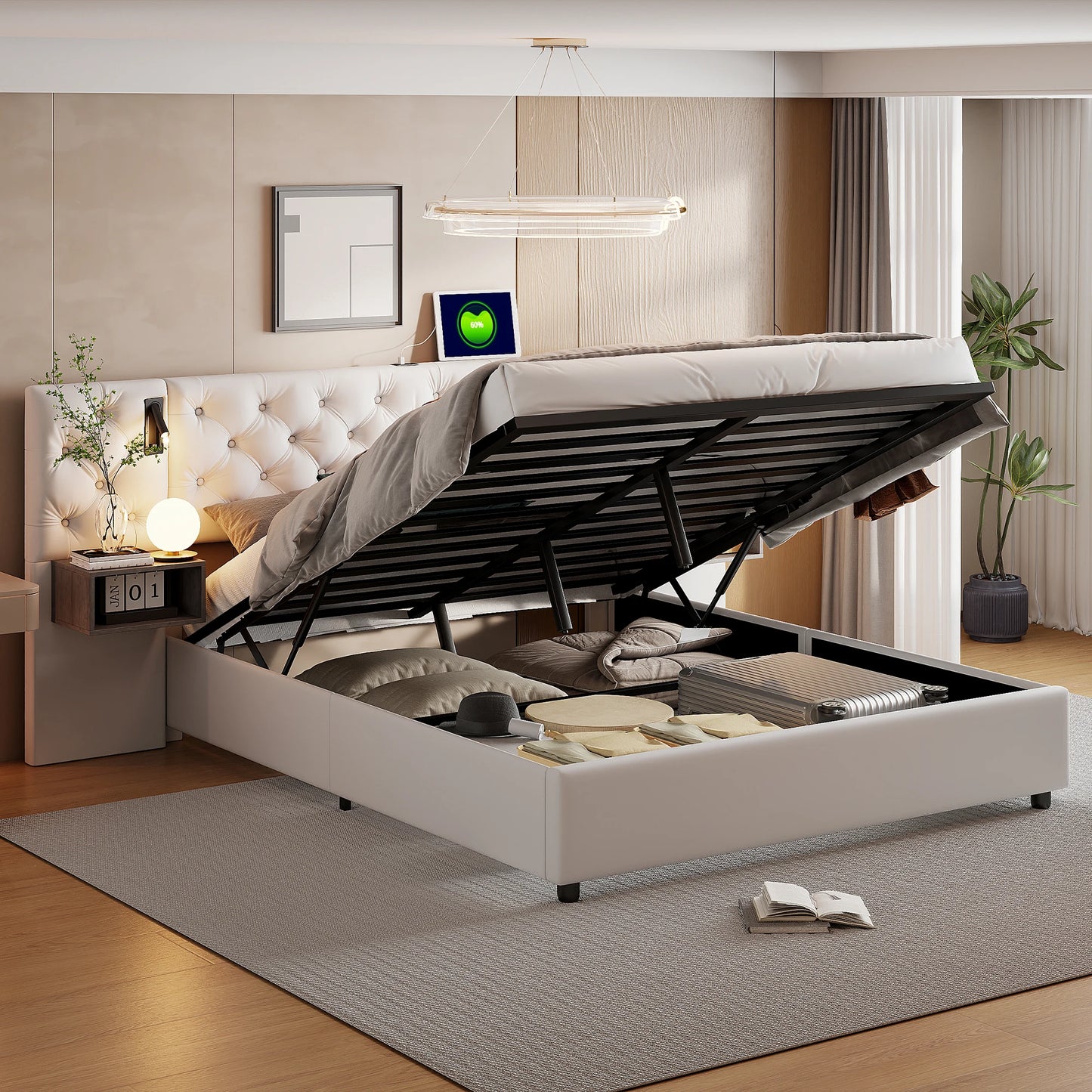 Anajqaqia Upholstered Bed 140x200cm,with Extra Wide Headboard & Reading Light & USB,Double Bed with Bedside Table,Hydraulic Bed