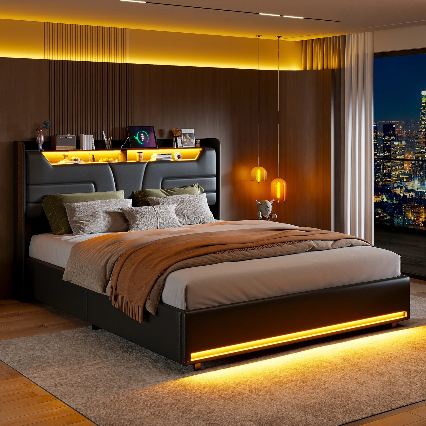 Wooden Aura 140 × 200 cm Upholstered bed hydraulic double bed with charging USB and LED LED strip with storage space under bed