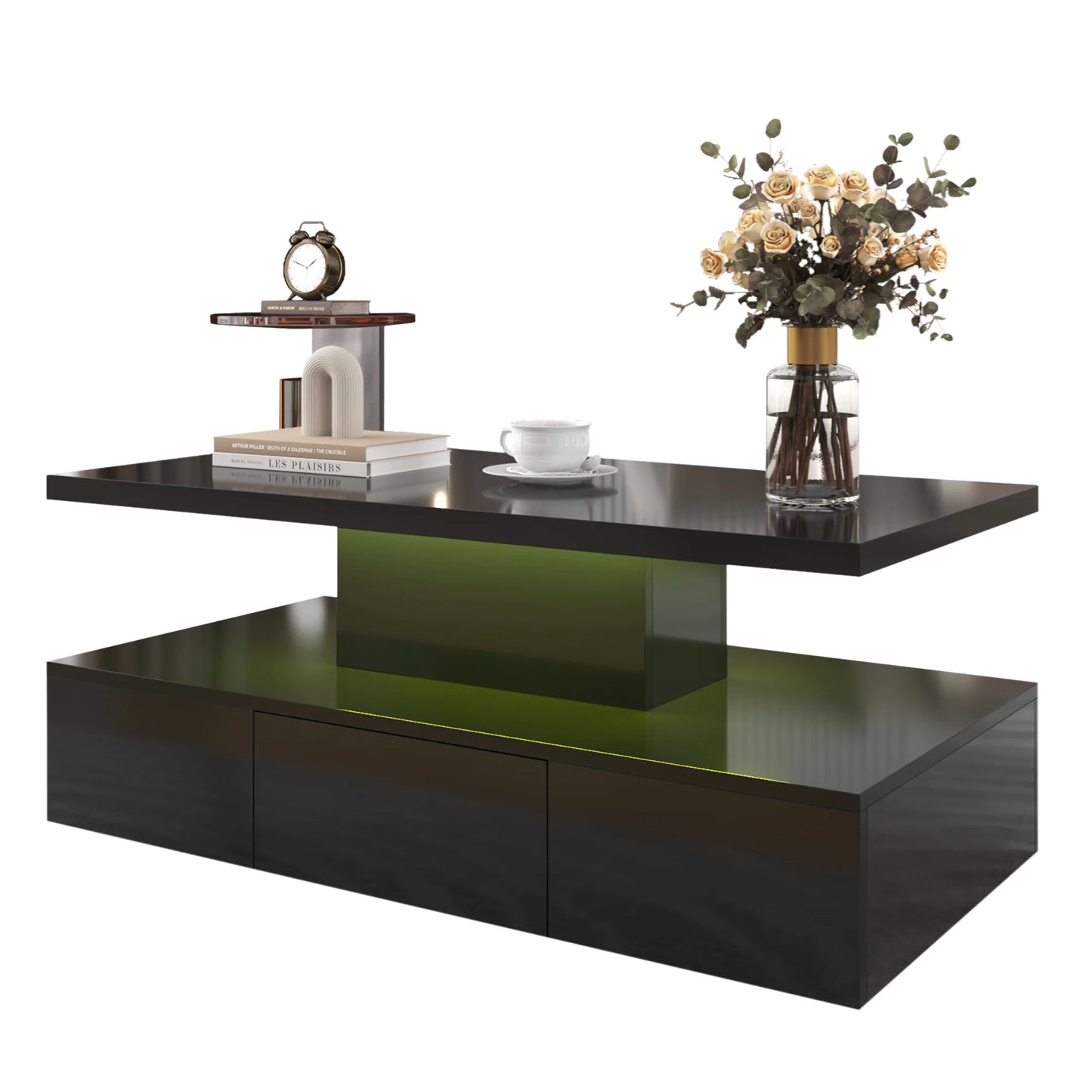 Coffee table with drawers, LED light and 2 storage levels, high gloss, black/white