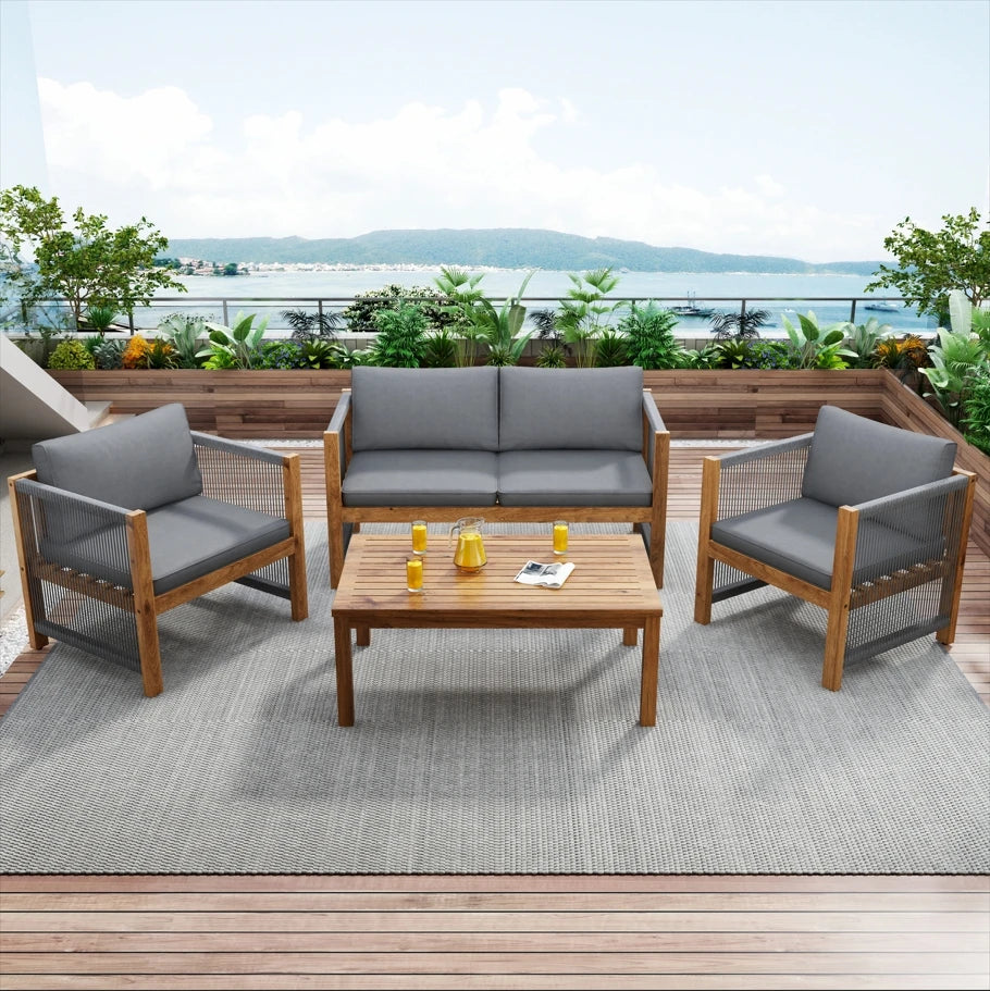 Merax Louneset garden furniture with Cushion Double Sofa 2 armchair table Outdoor table in Acacia Rattan Look Outdoor