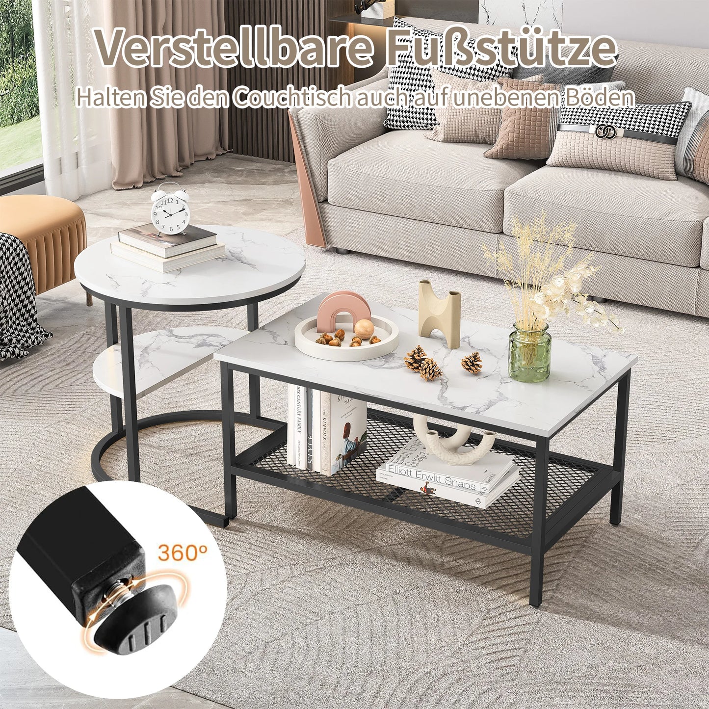 2-in-1 Coffee Table, Side Table with Metal Frame, Round and Rectangular Coffee Table for Living Room and Bedroom, Black