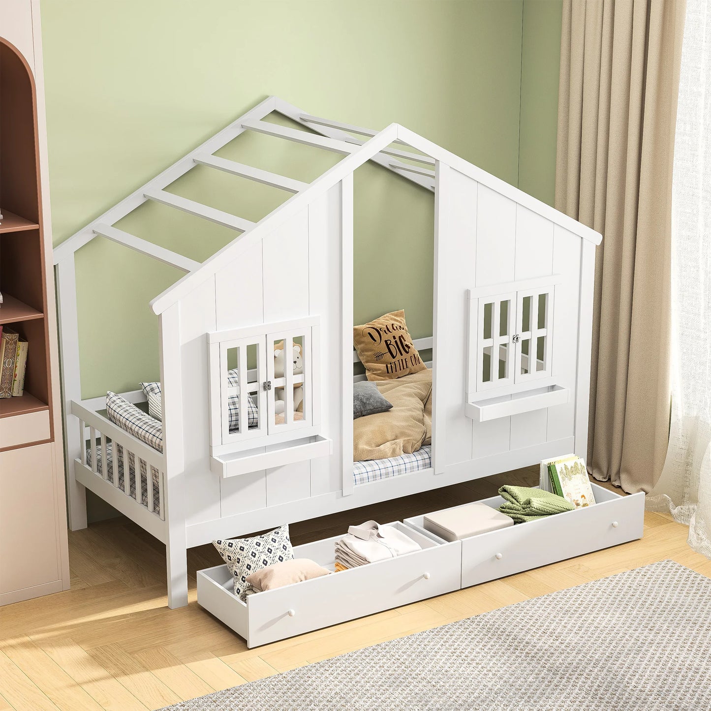 90 x 200 cm Children's Bed with 2 Drawers, Youth Bed, House Bed with Slatted Frame , for Boys and Girls, white