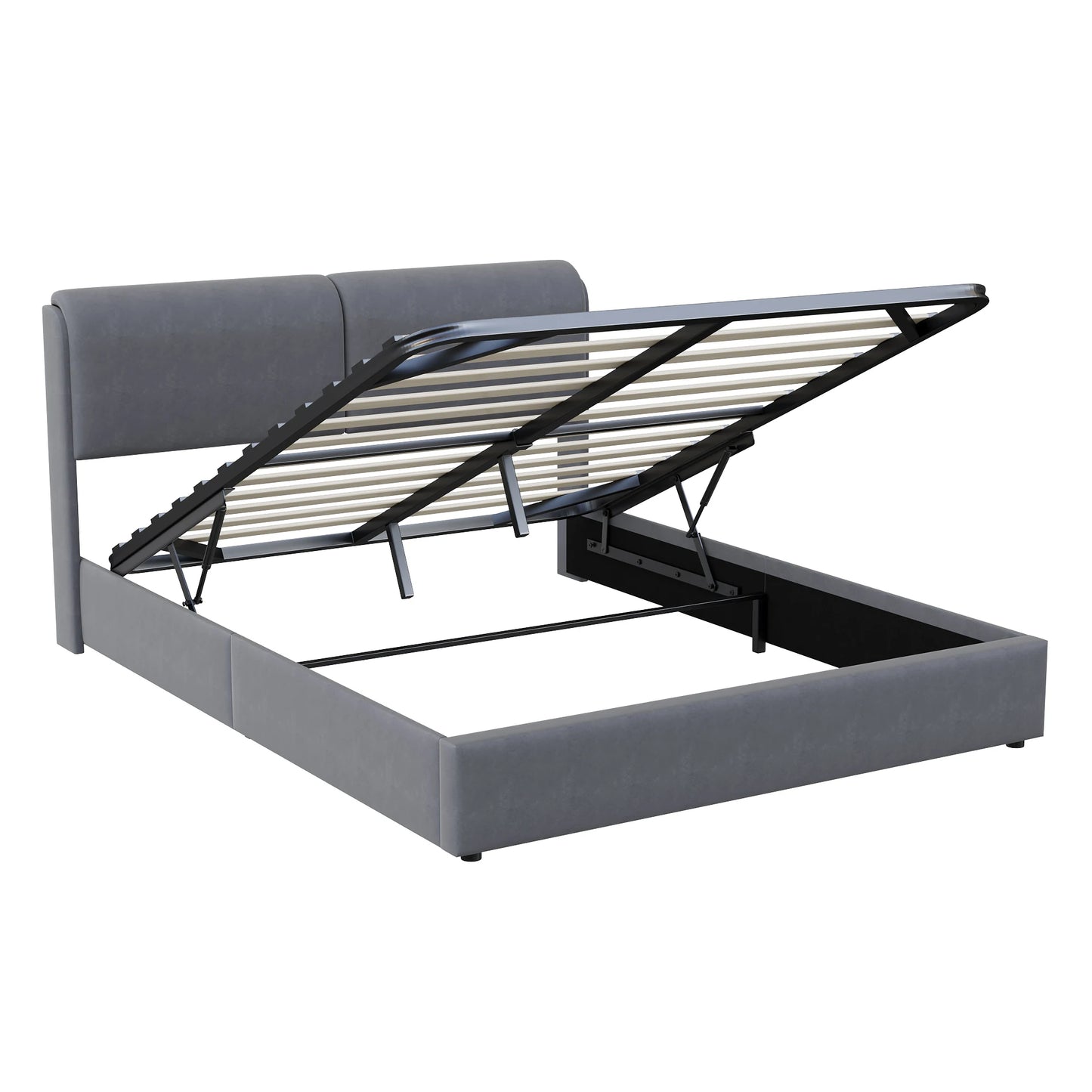 Comanlai Upholstered Bed,160 x 200cm,with Slatted Frame and Storage Space,LED Hydraulic Storage Bed,Without Mattress,Velvet,Grey