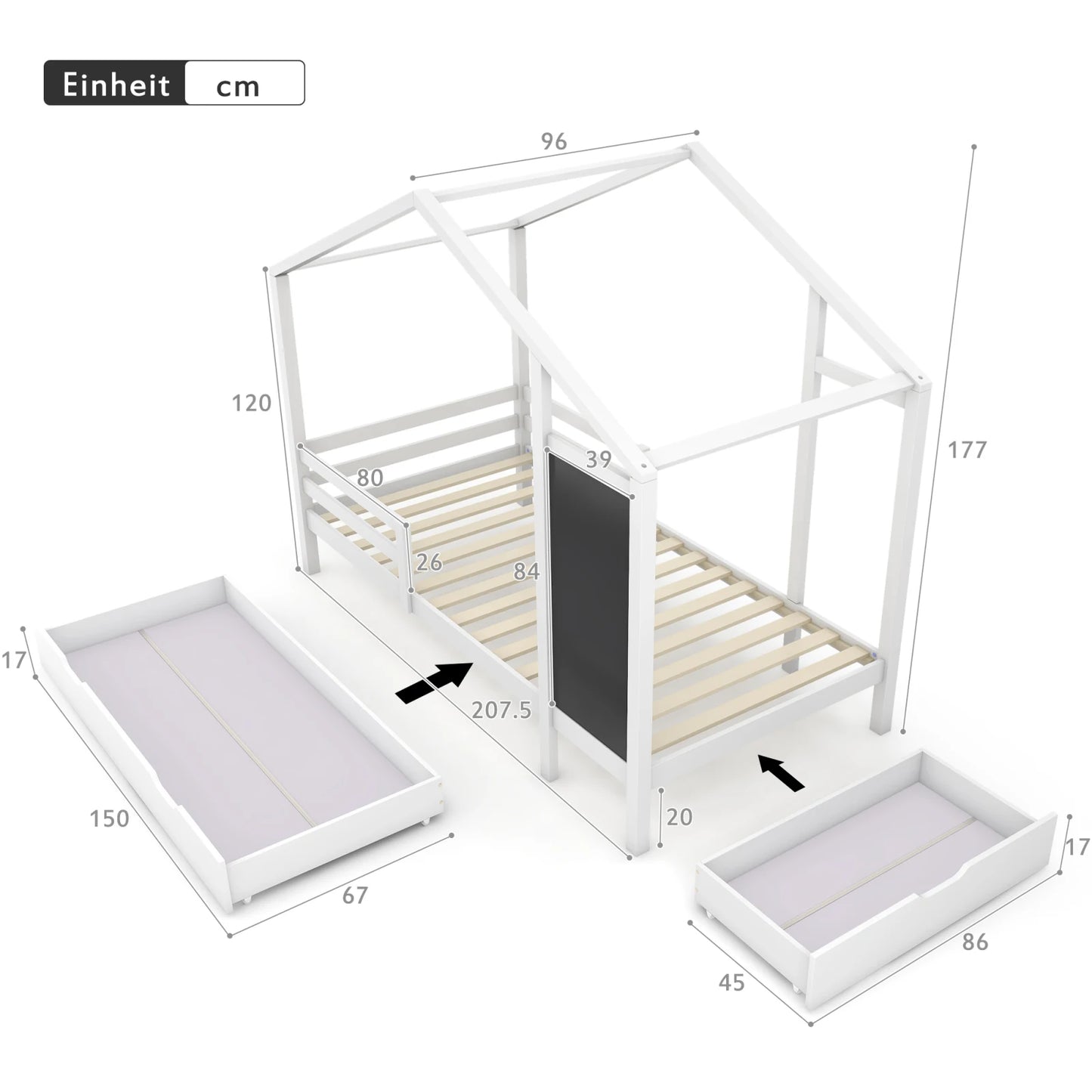 White Children's house bed 90x200 cm solid wood fence slatted frame belt blackboard and 2 drawers wooden bed (without mattress)