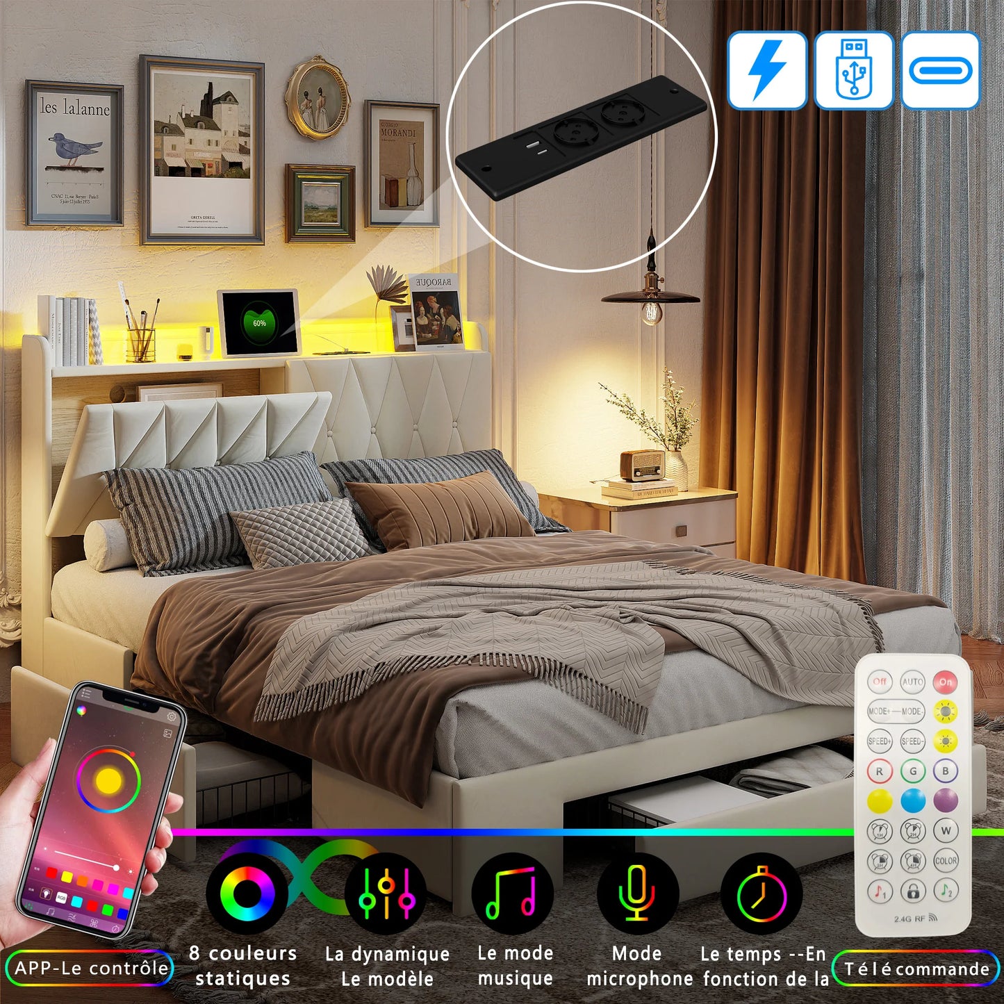 Rosahqnda Upholstered Double Bed with LED&USB&Drawers 140-160*200cm Storage youth Bed multifunctional headboard,velvet beige
