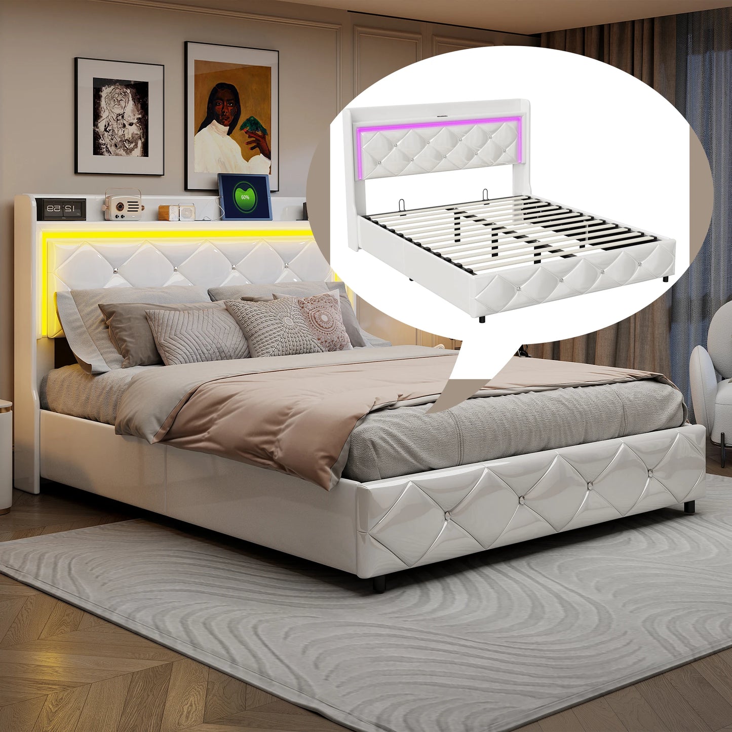 140x200cm PU upholstery bed, White single and double bed with slatted frame, wood headboard with decorative buttons and rivet RGB LED