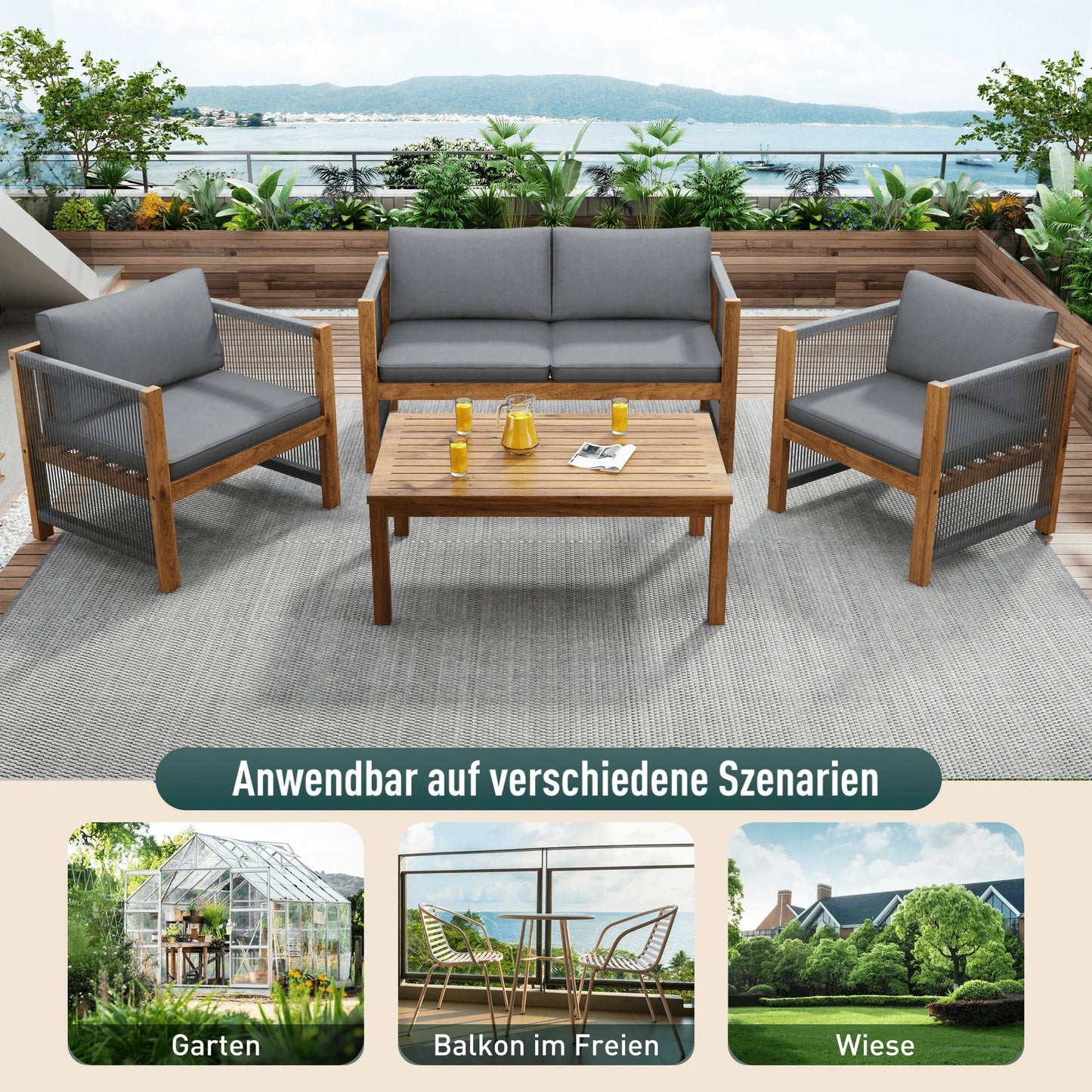 Merax Louneset garden furniture with Cushion Double Sofa 2 armchair table Outdoor table in Acacia Rattan Look Outdoor