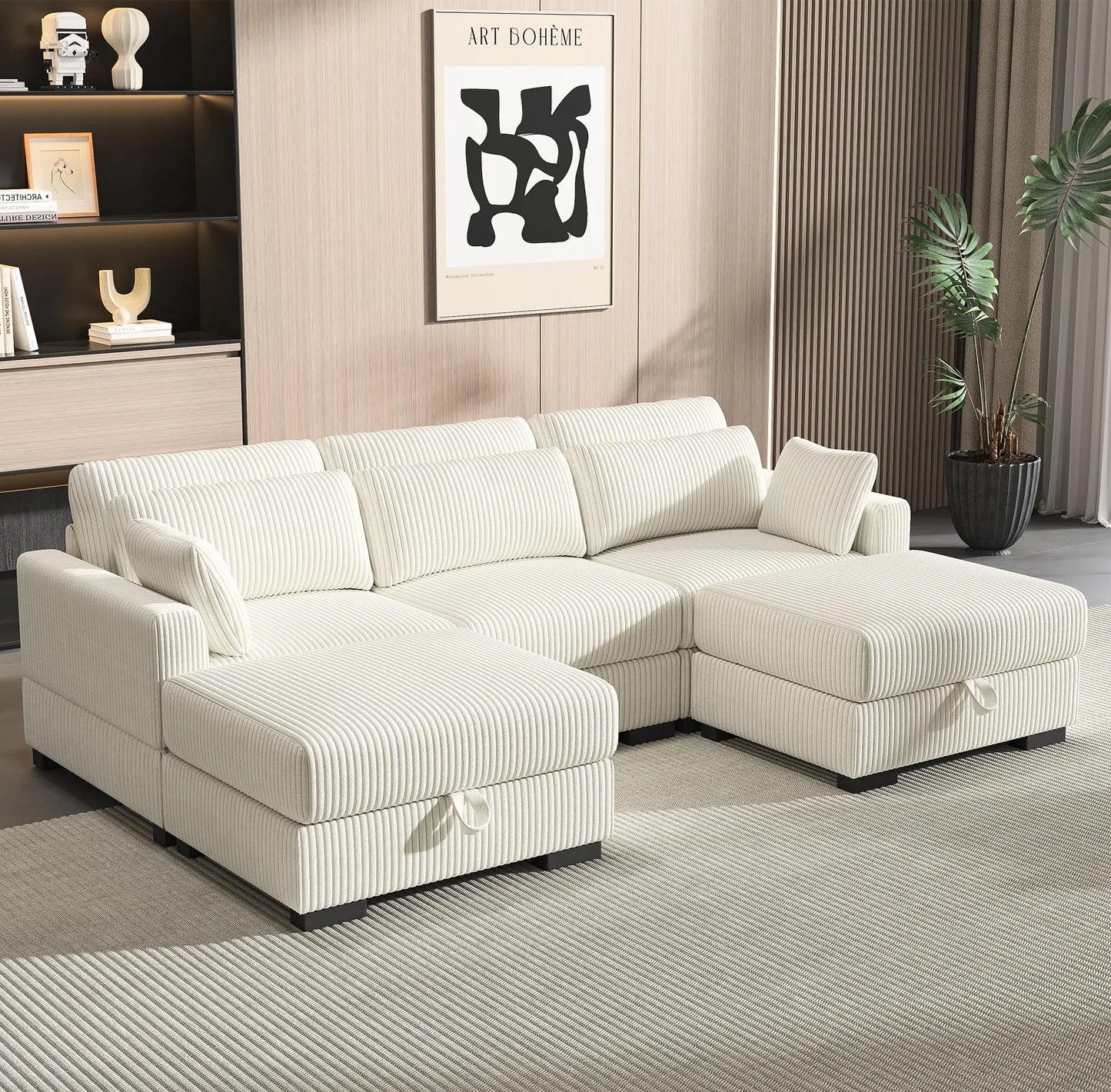 Rosahqnda Convertible Sectional Sofa,Freestanding double single Sofa,footrest with Storage ,Upholstery Set,Corduroy,Beige/Gray