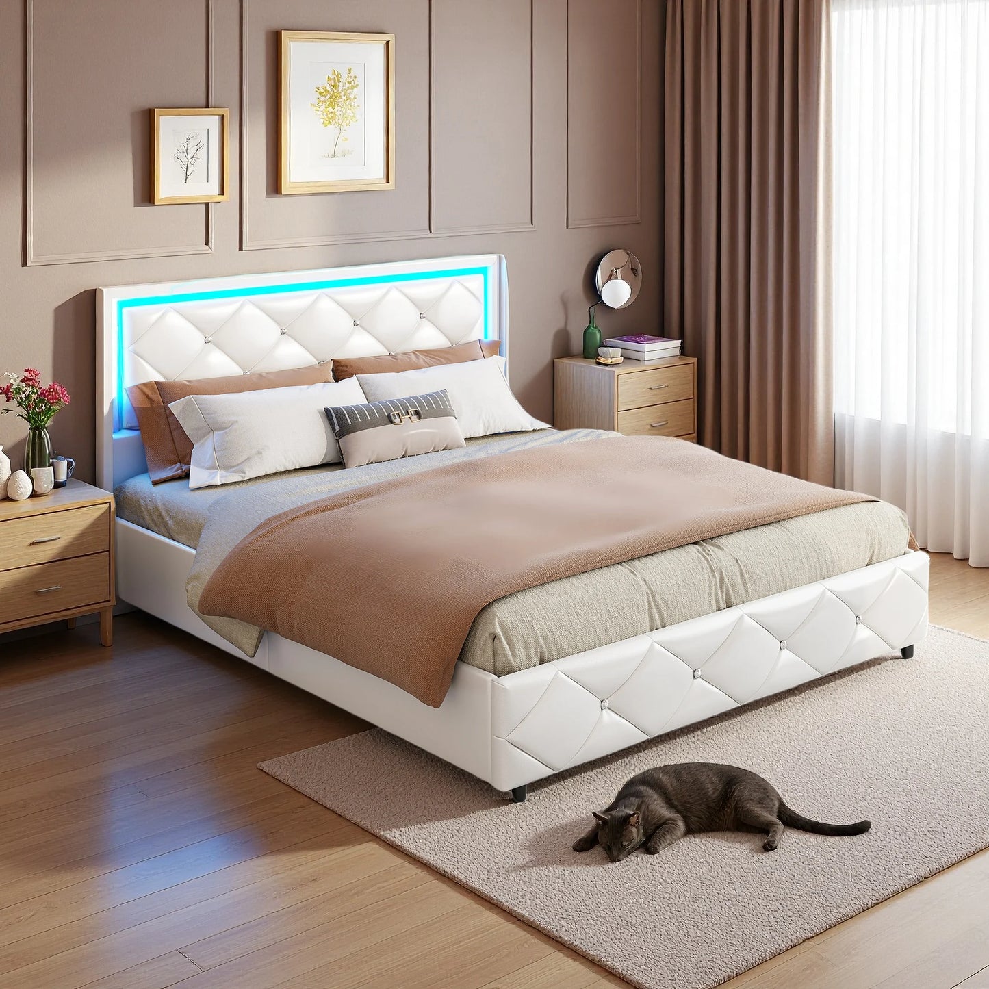 140x200cm PU upholstery bed, White single and double bed with slatted frame, wood headboard with decorative buttons and rivet RGB LED