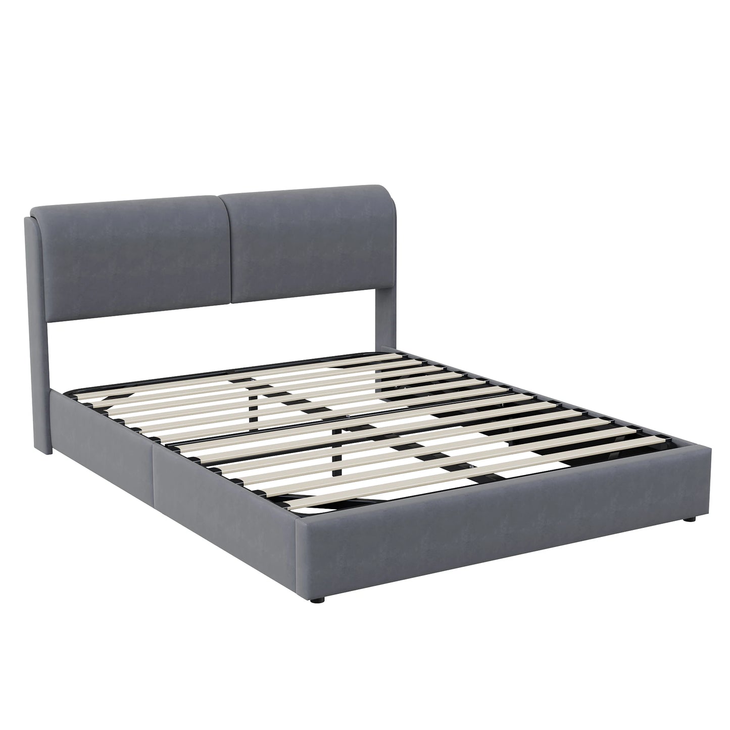Comanlai 140x200cm Upholstered Bed,with RGB LED Lighting,with Slatted Frame and Soft Headboard,Storage Bed,Youth Bed,Velvet,Grey